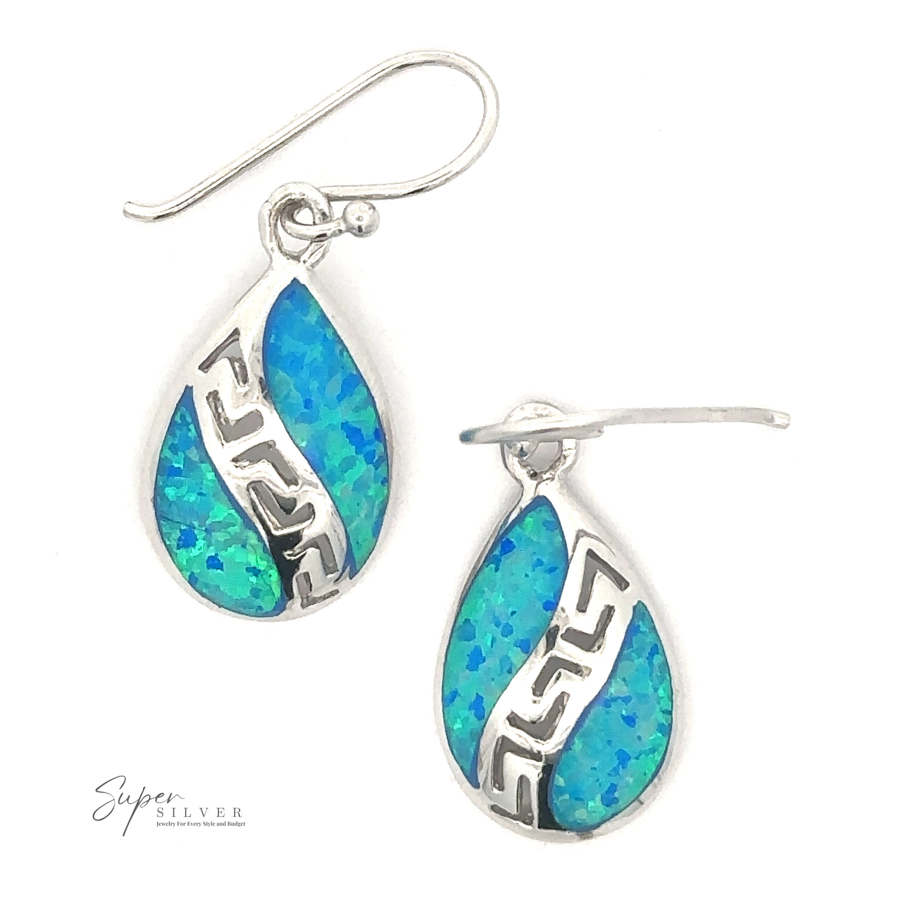 A pair of Lab-Opal Teardrop Earrings With Swirl Designs featuring blue-green iridescent stones, intricate Greek spiral designs, and Rhodium Plated .925 Sterling Silver.