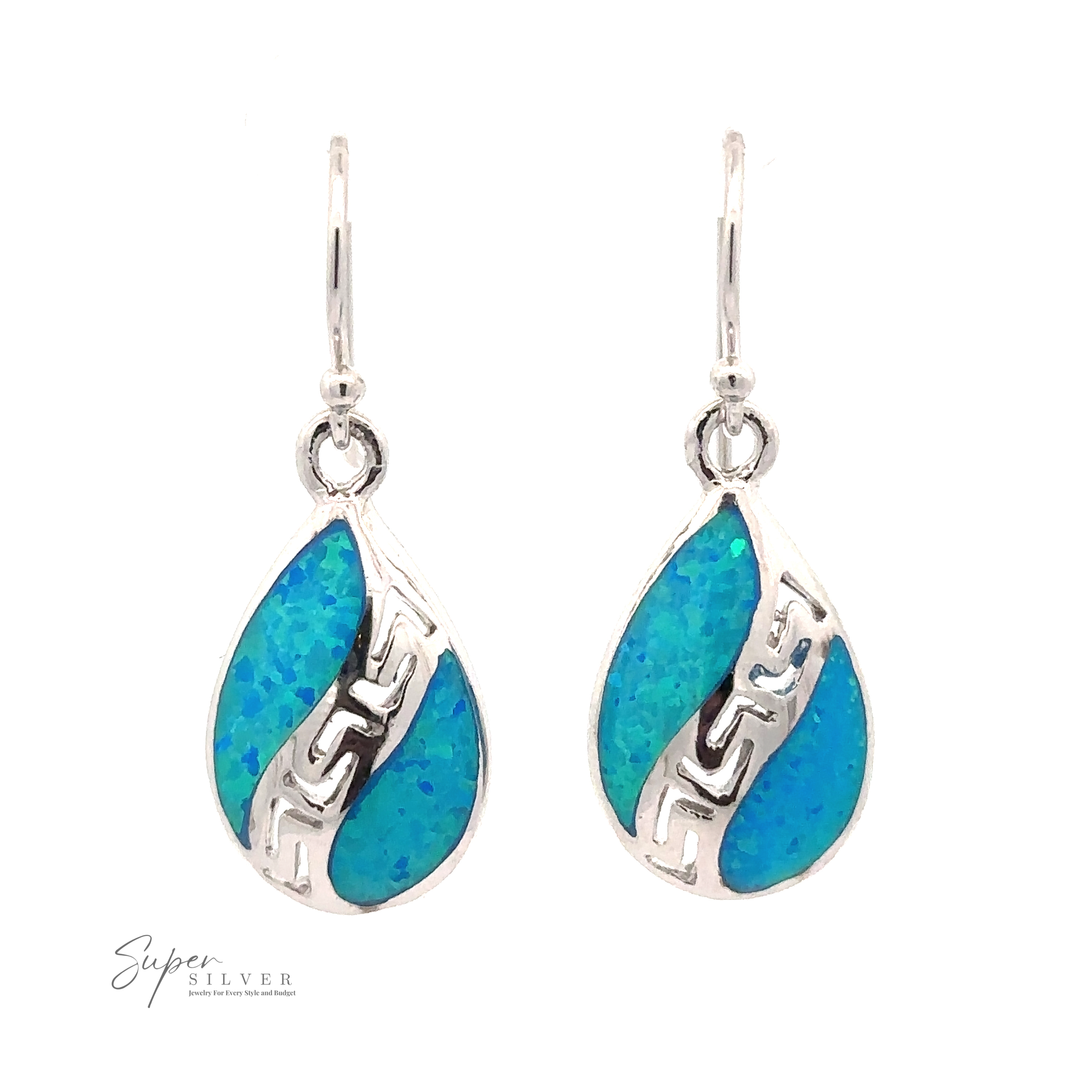 A pair of Lab-Opal Teardrop Earrings With Swirl Designs. The earrings feature a wave-like silver design within the teardrop shape. Logo "Super Silver" visible in the bottom left corner.