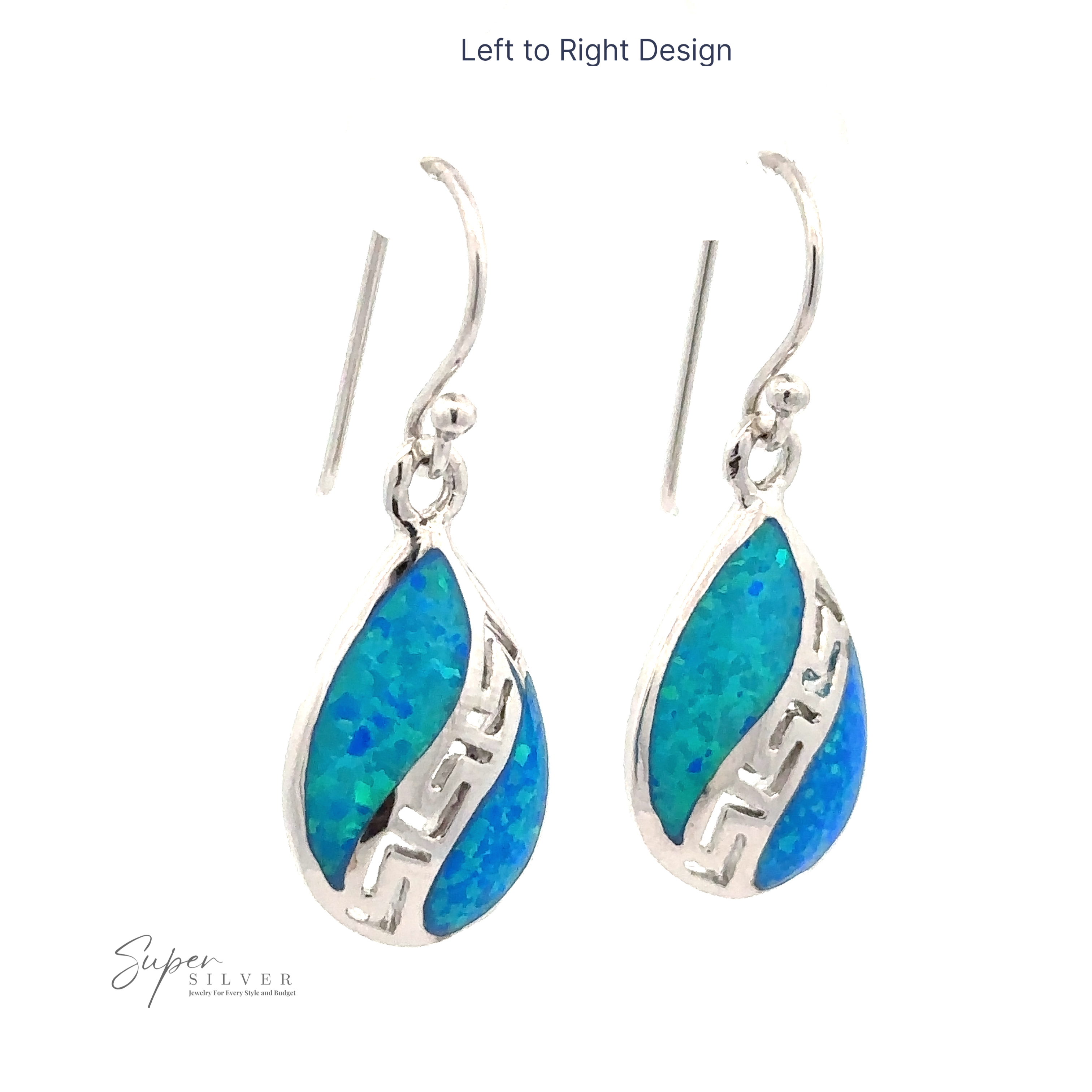 A pair of Lab-Opal Teardrop Earrings With Swirl Designs, Rhodium Plated .925 Sterling Silver detailing, and a subtle Greek spiral design.