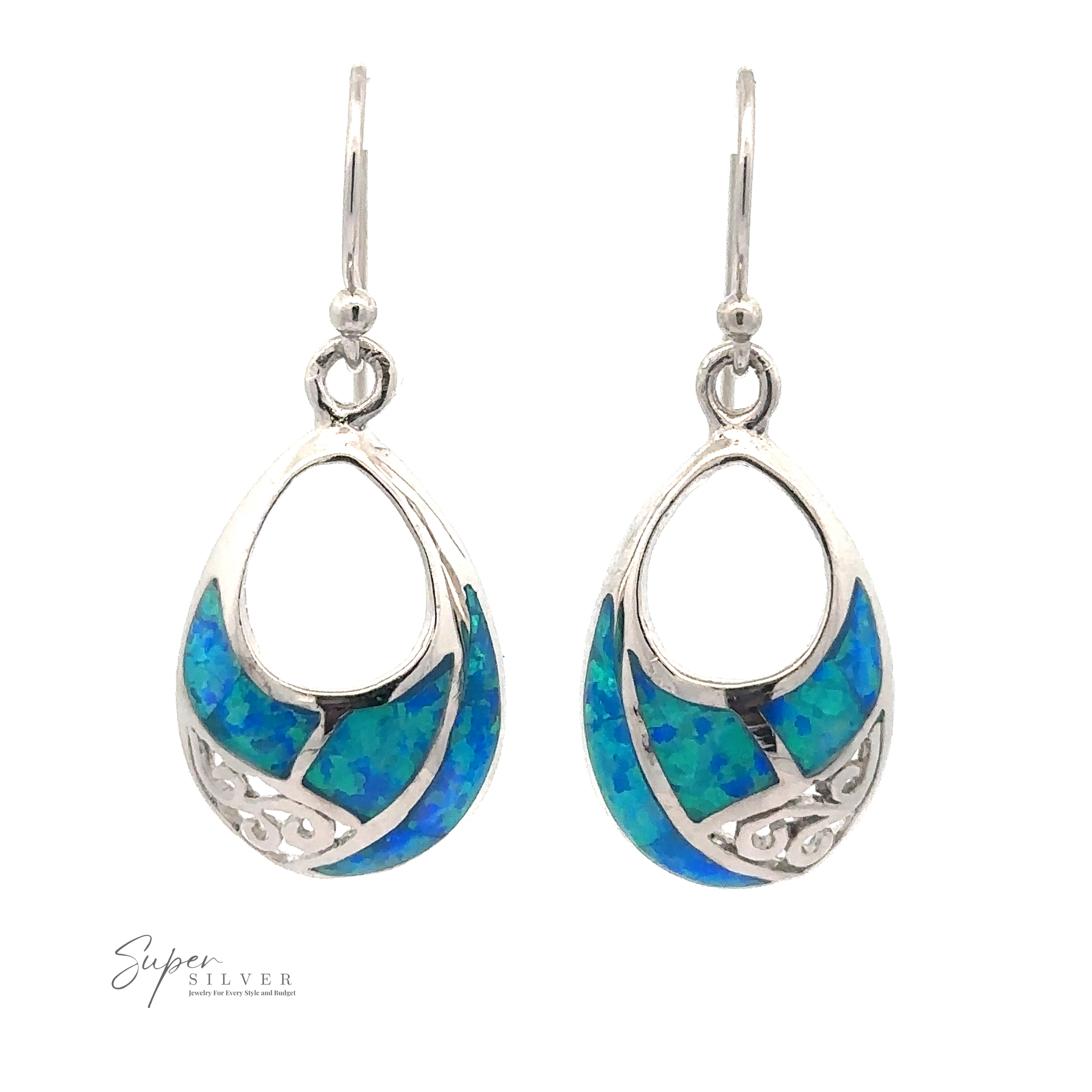 Blue Lab-Created Opal Teardrop Earrings feature sterling silver with blue-green lab-created opal inlays and delicate filigree detailing, displayed against a white background.