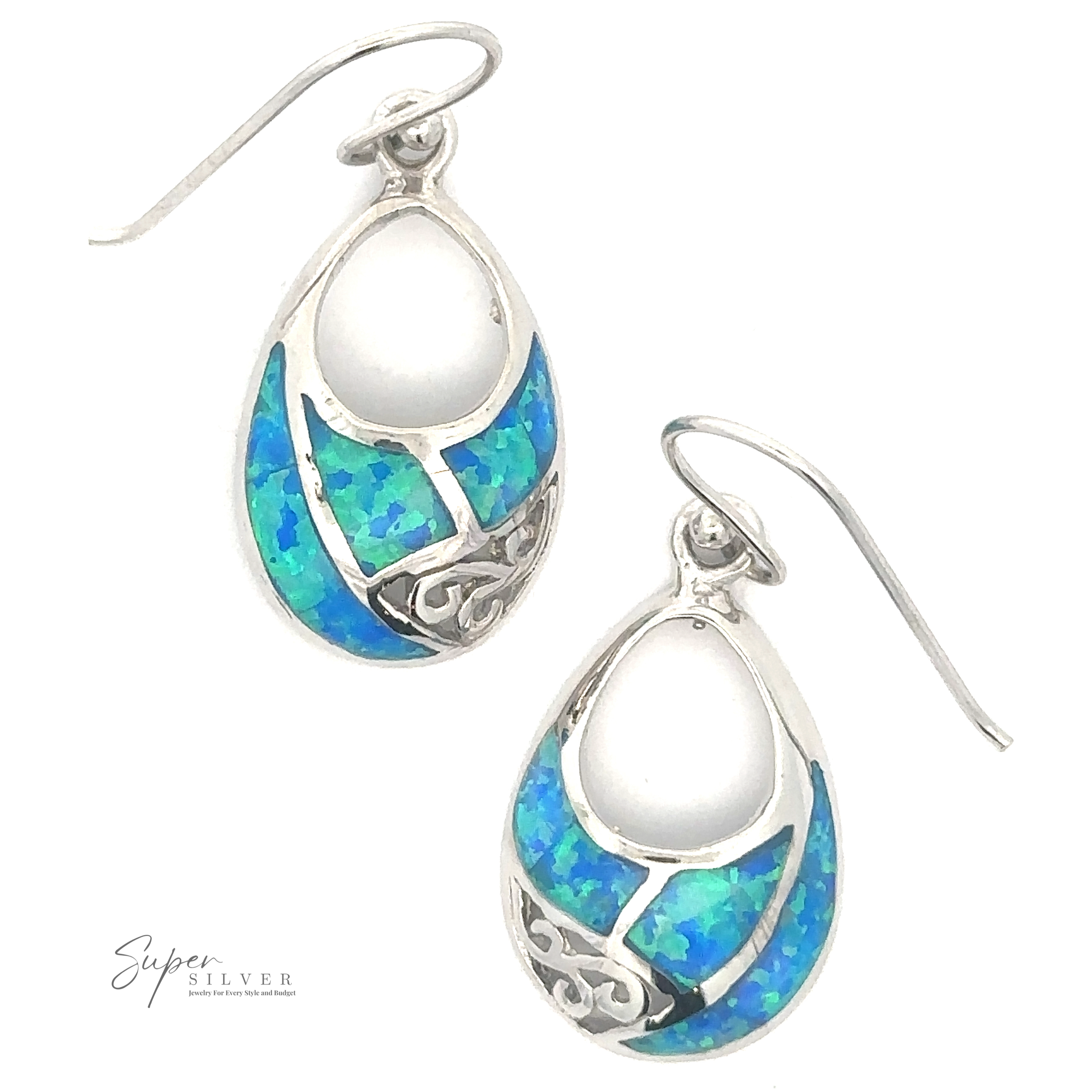 Blue Lab-Created Opal Teardrop Earrings feature blue and green lab-created opal inlays with a sterling silver filigree design, shown against a white background.