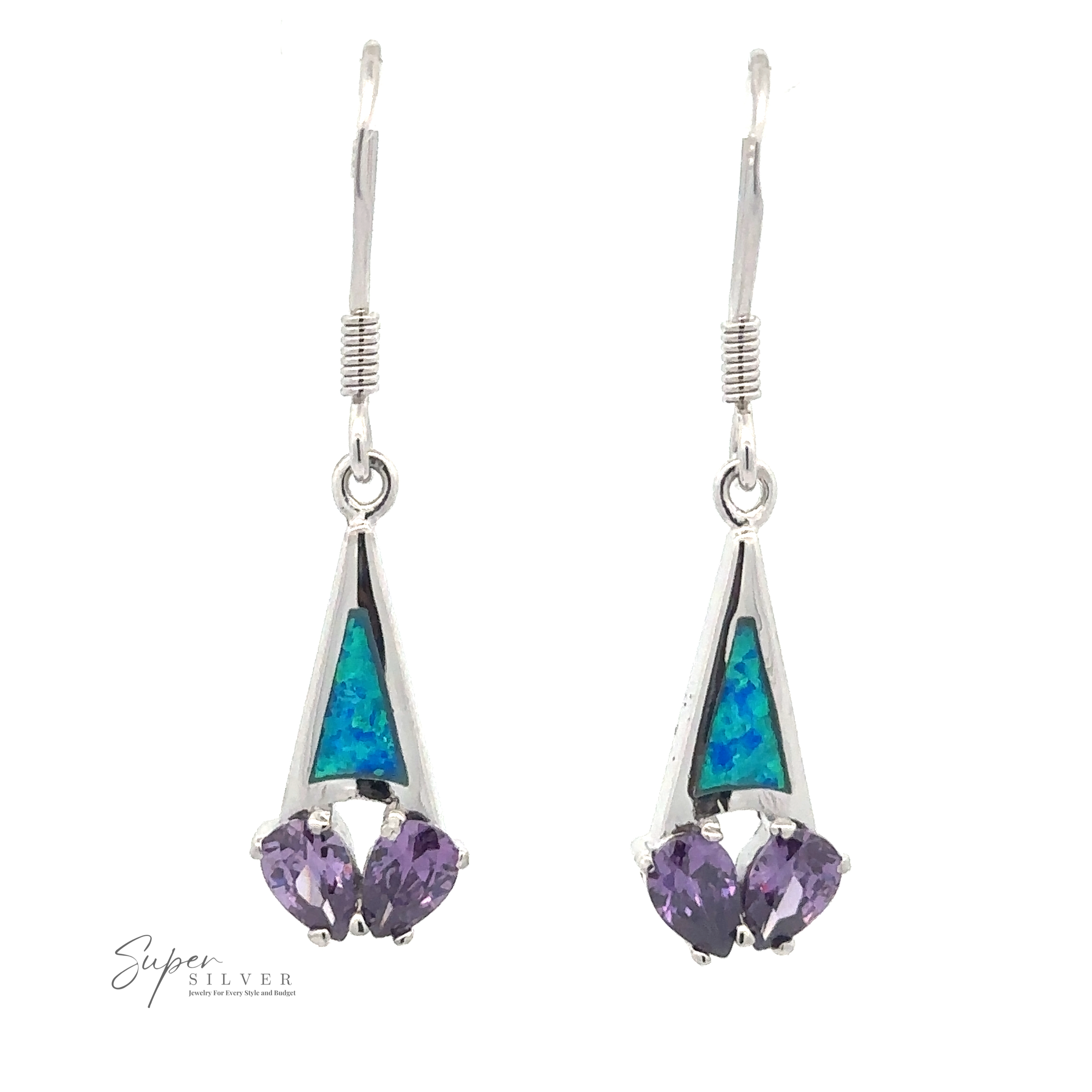 A pair of Created Opal Earrings with Purple Cubic Zirconia featuring triangular turquoise inlays and three stunning purple CZ stones at the bottom. The brand name "Super Silver" is visible in the bottom left corner.