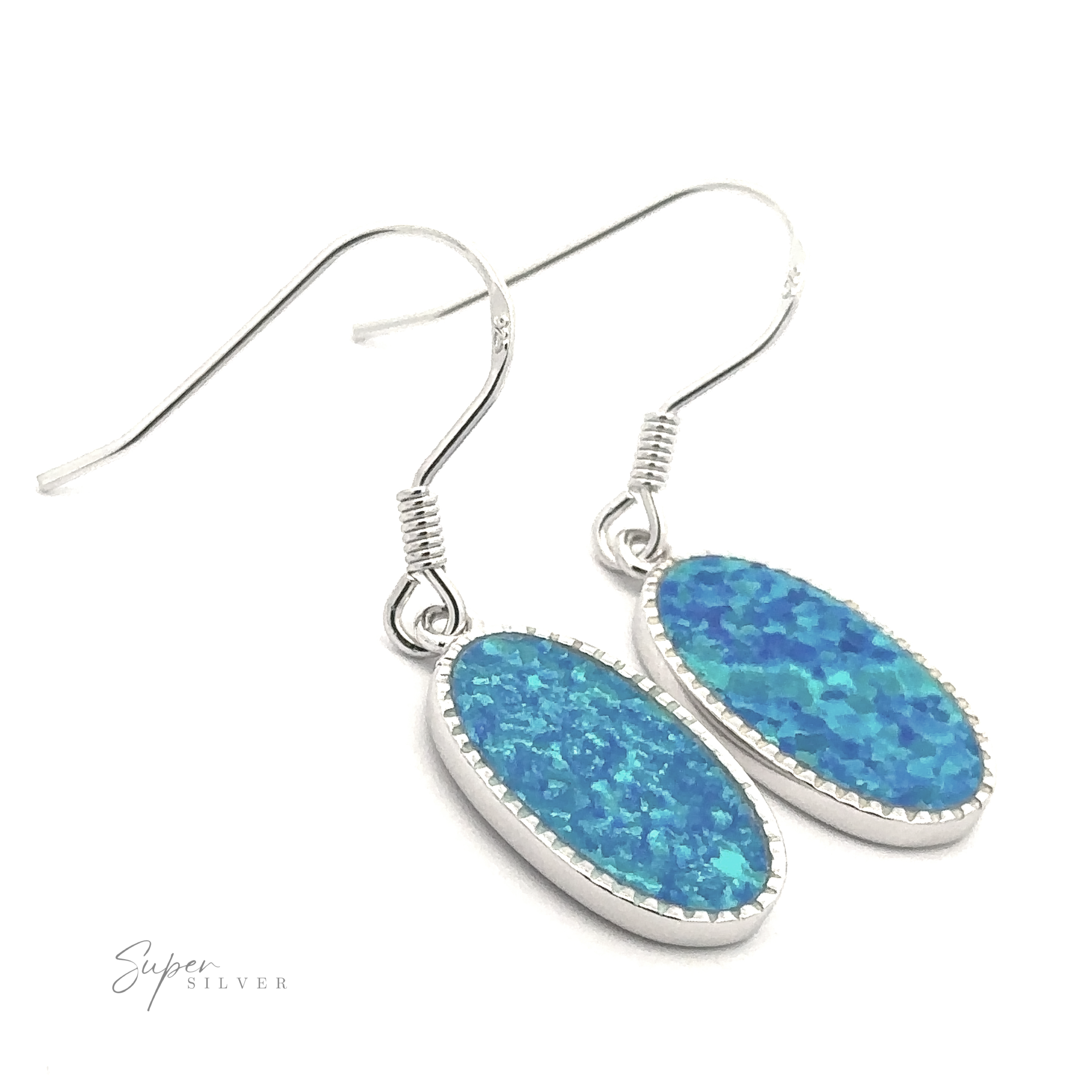 The Blue Oval Lab-Created Opal Earrings feature two captivating opal stones, elegantly dangling from sterling silver hooks, making a mesmerizing statement piece.