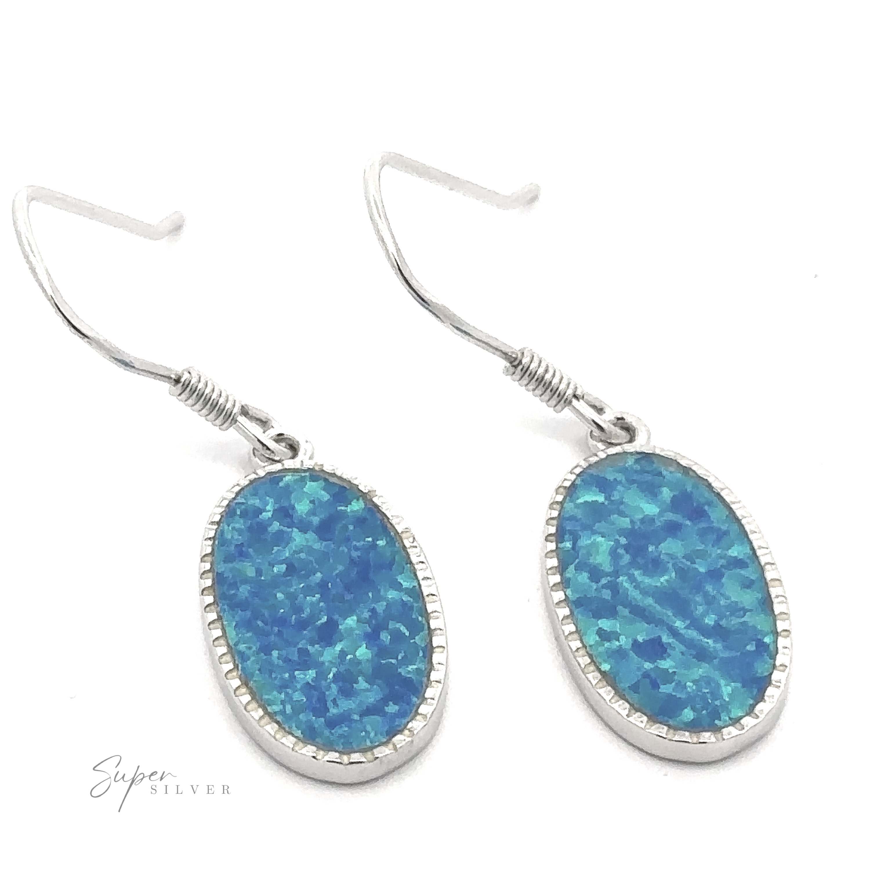 Pair of Blue Oval Lab-Created Opal Earrings in sterling silver with dangle design and hook-style closure.