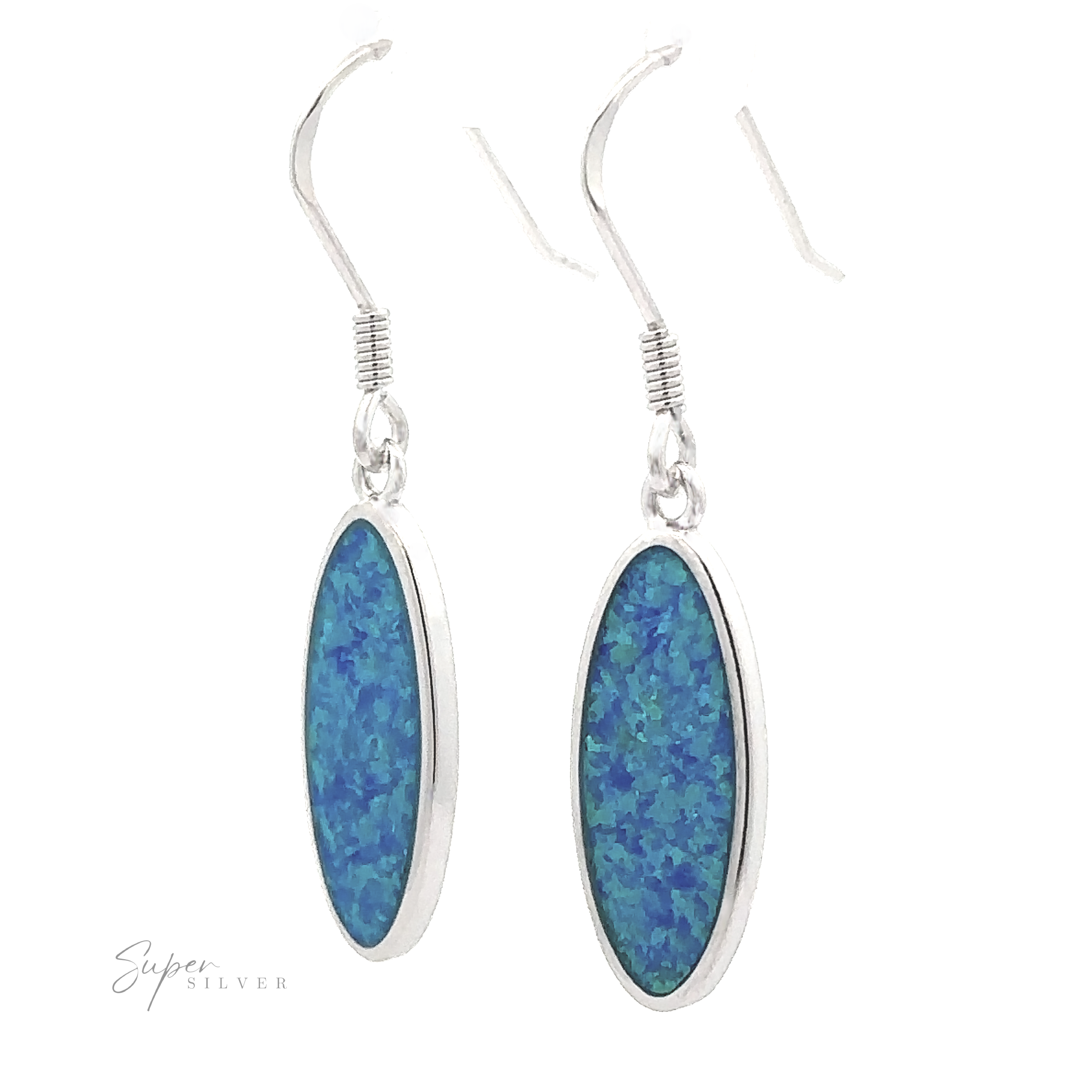 A pair of Simple Oval Lab-Created Opal Earrings, crafted from sterling silver and featuring elongated oval-shaped lab-created blue opal stones, are displayed against a white background.