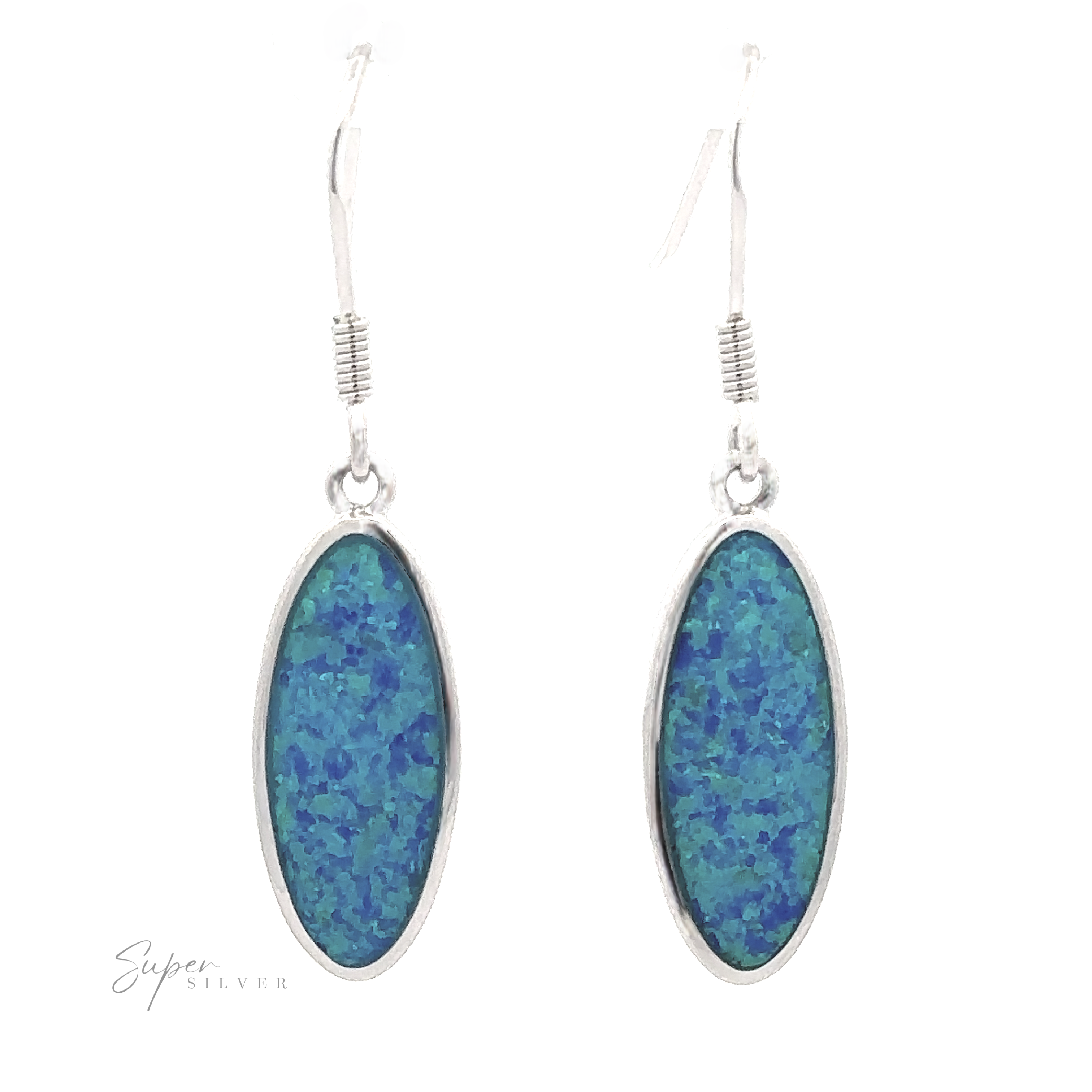 Introducing our Simple Oval Lab-Created Opal Earrings, featuring silver hooks and blue-green speckled stones accented with stunning lab-created opals.