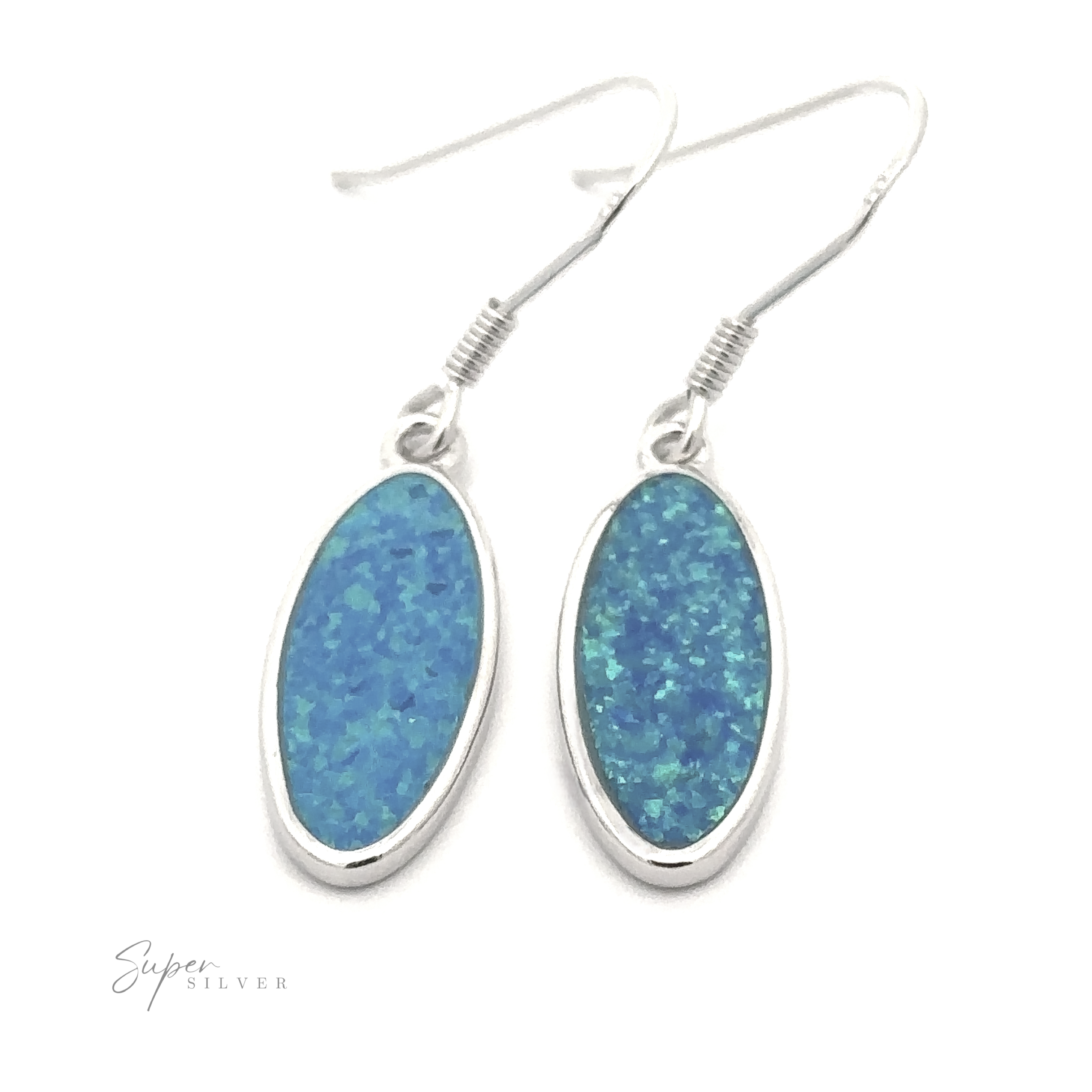 Two oval-shaped silver earrings featuring blue lab-created opal gemstones, each with a fishhook wire. The earrings are set against a white background and labeled "Simple Oval Lab-Created Opal Earrings" in the corner.