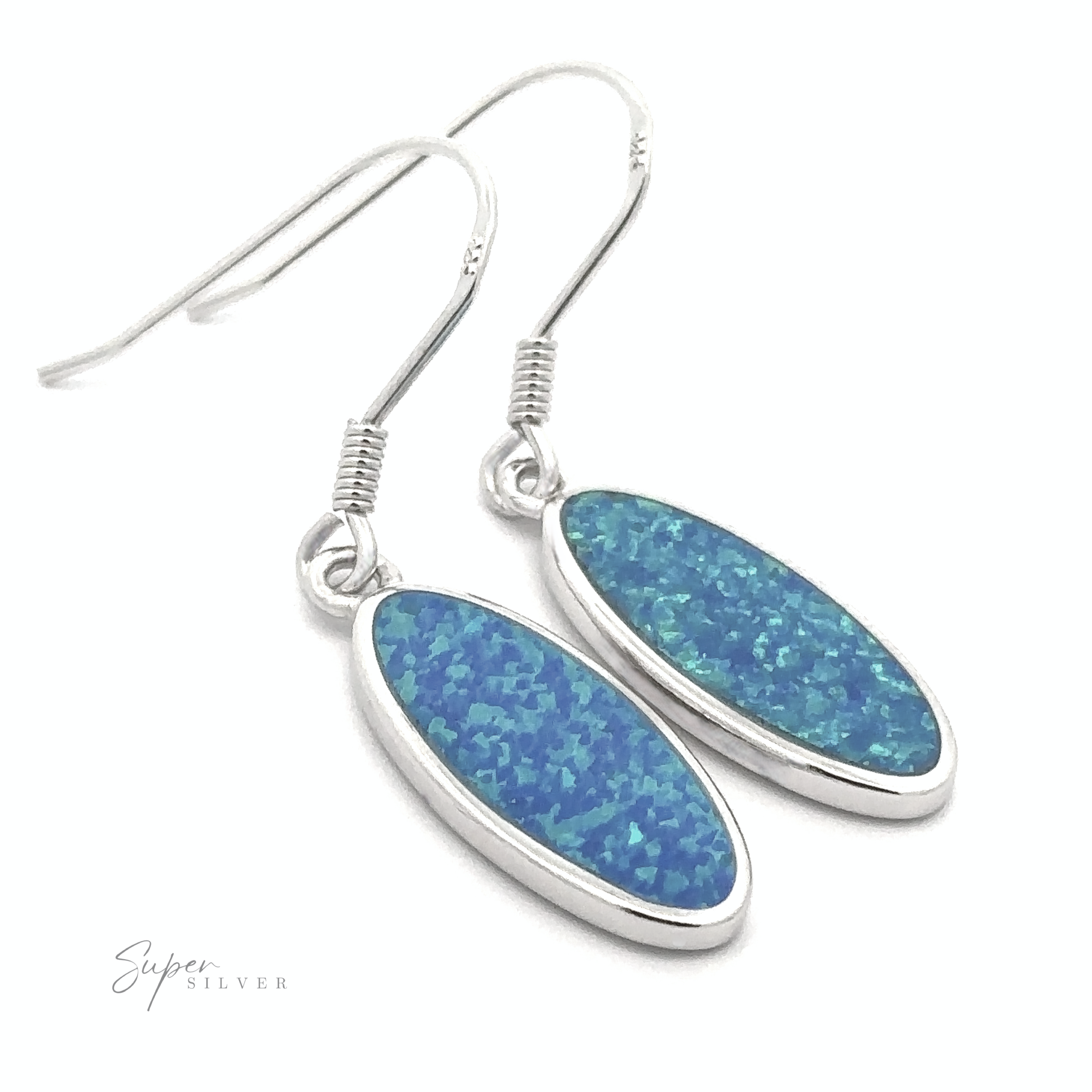 A pair of Simple Oval Lab-Created Opal Earrings, featuring meticulously crafted silver drop designs with stunning blue opal gemstones that capture pure elegance.