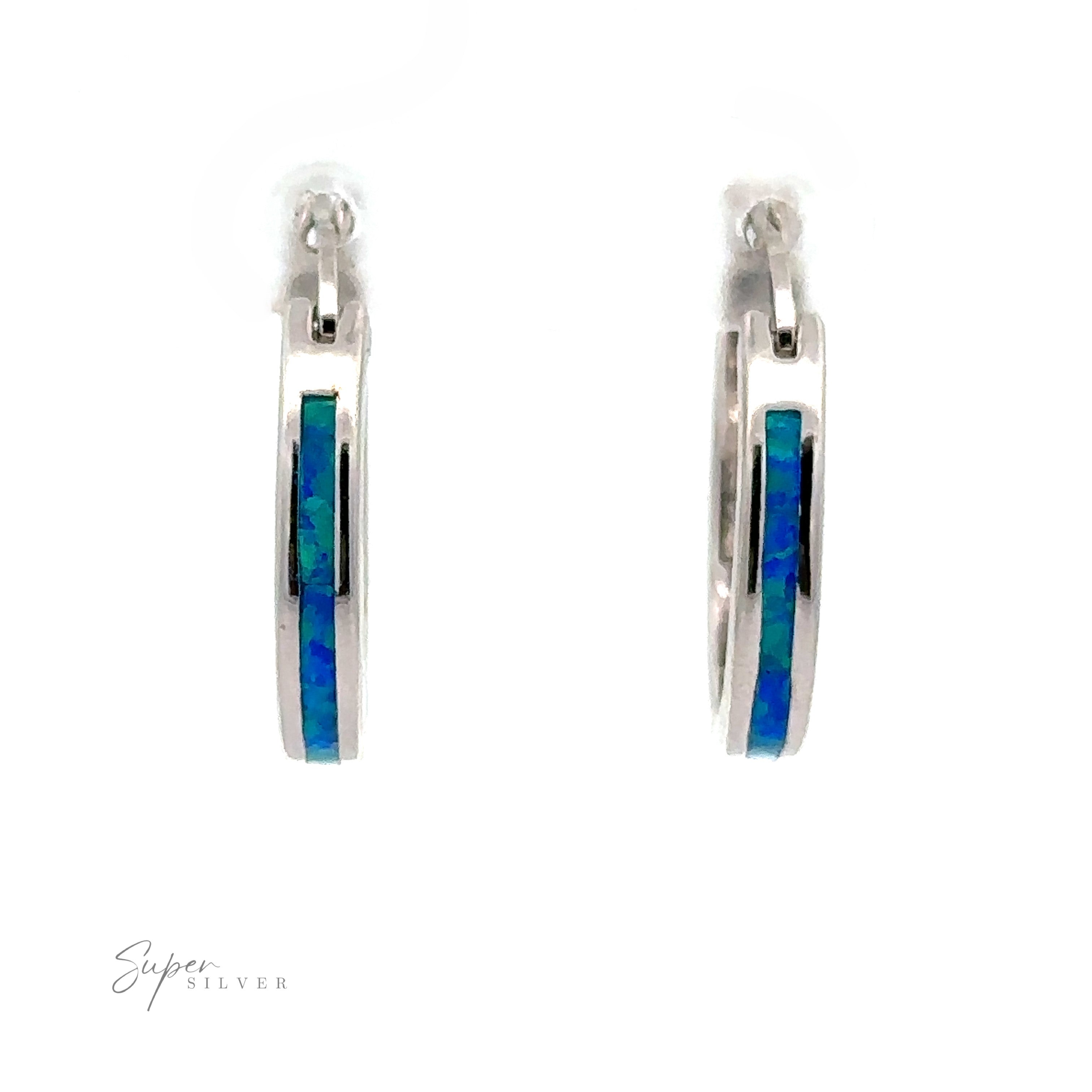 Product Name: Blue Lab-Created Opal Hoop Earrings with a white background featuring a rhodium finish and striking blue lab-created opal inlay.