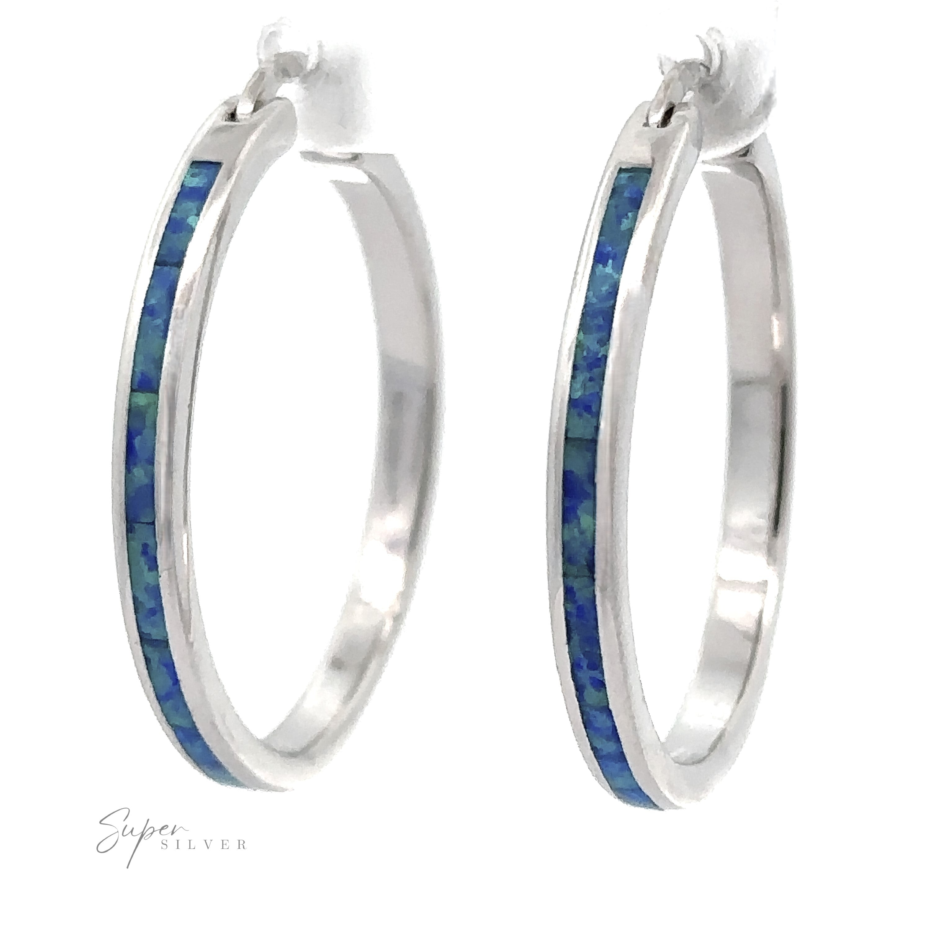 Blue Lab-Created Opal Hoop Earrings crafted with a striking blue-green inlay set on a silver base and completed with a rhodium finish for extra luster.