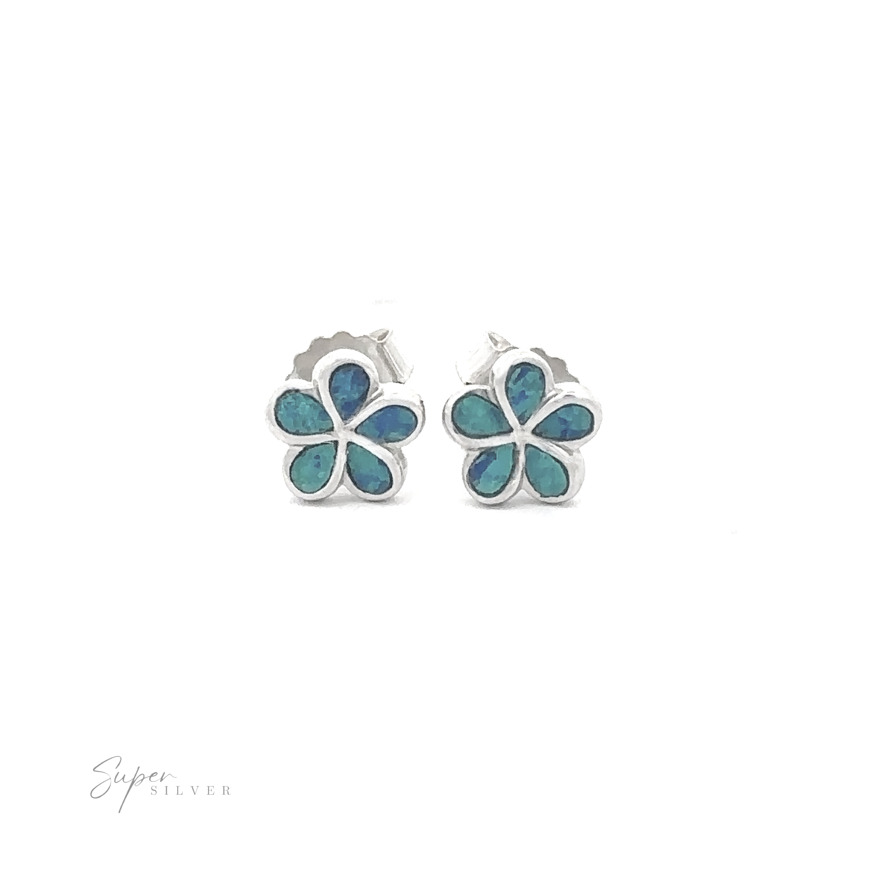 A pair of Small Plumeria Lab-Created Opal Stud Earrings featuring blue and green lab-created opal inlays.