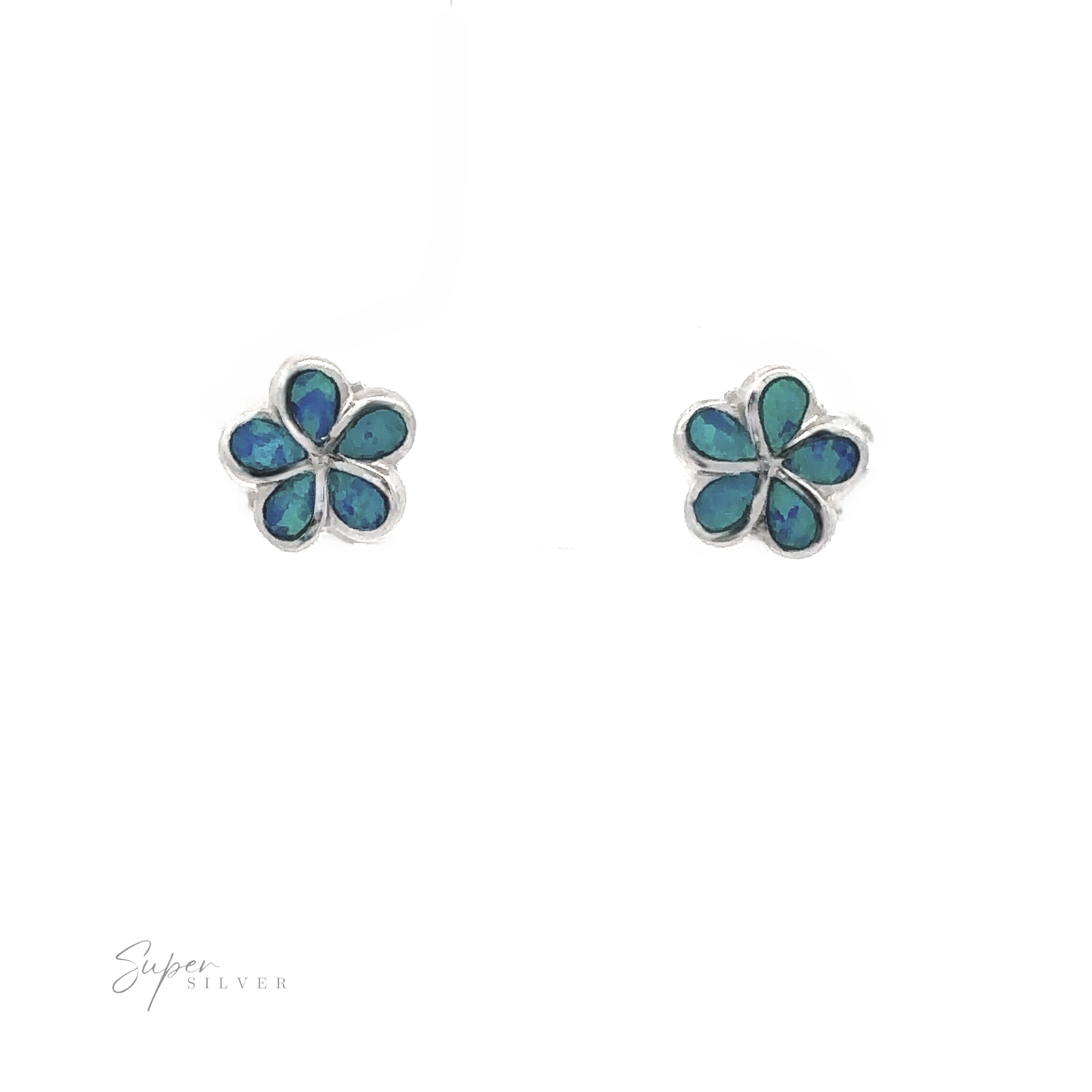 The Small Plumeria Lab-Created Opal Stud Earrings feature delicate blue and turquoise petals set in a sterling silver frame, highlighted with blue lab-created opal, and are displayed on a white background.