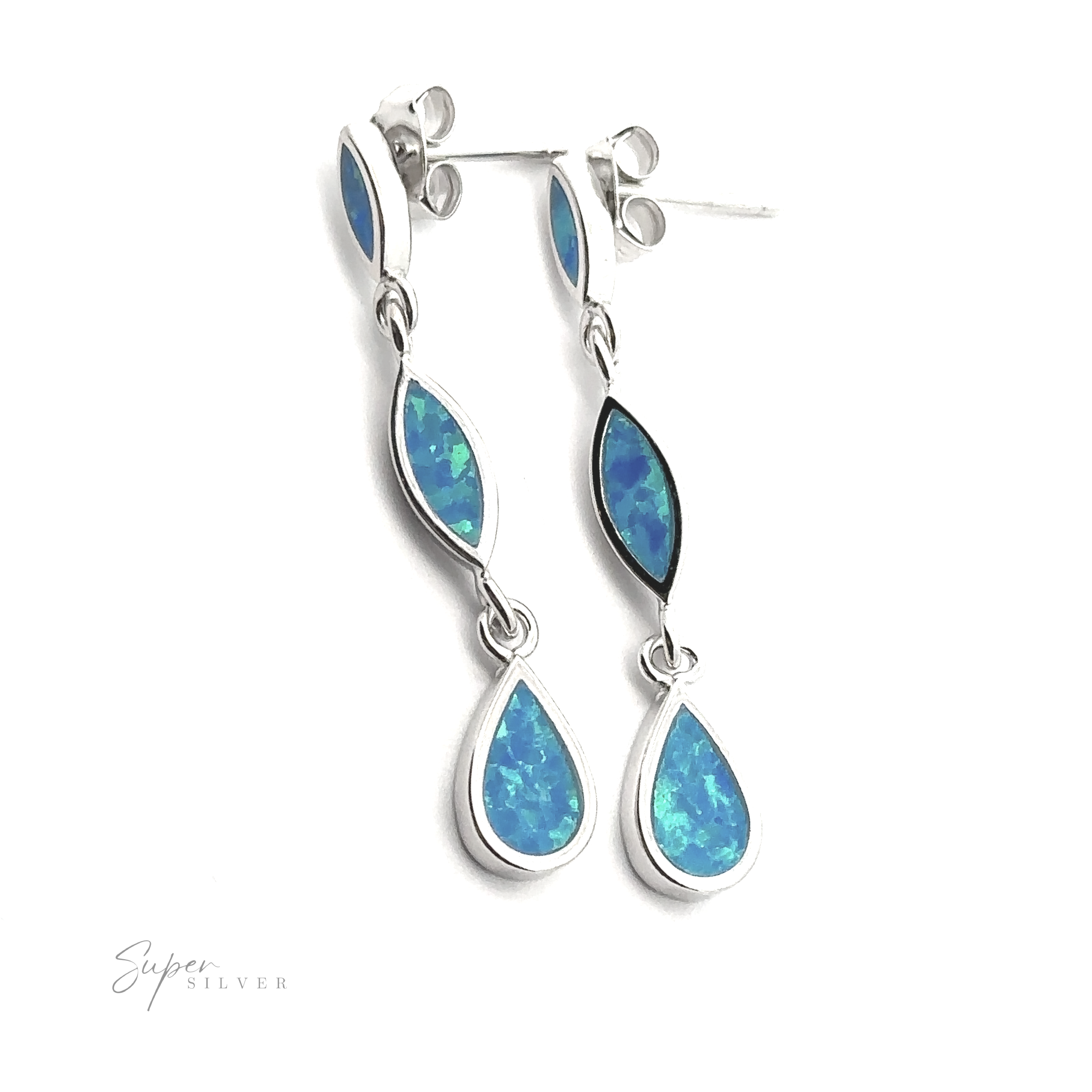 A pair of Elegant Lab-Created Opal Earrings in sterling silver, featuring marquise and teardrop-shaped blue opal stones with a post and butterfly back closure.