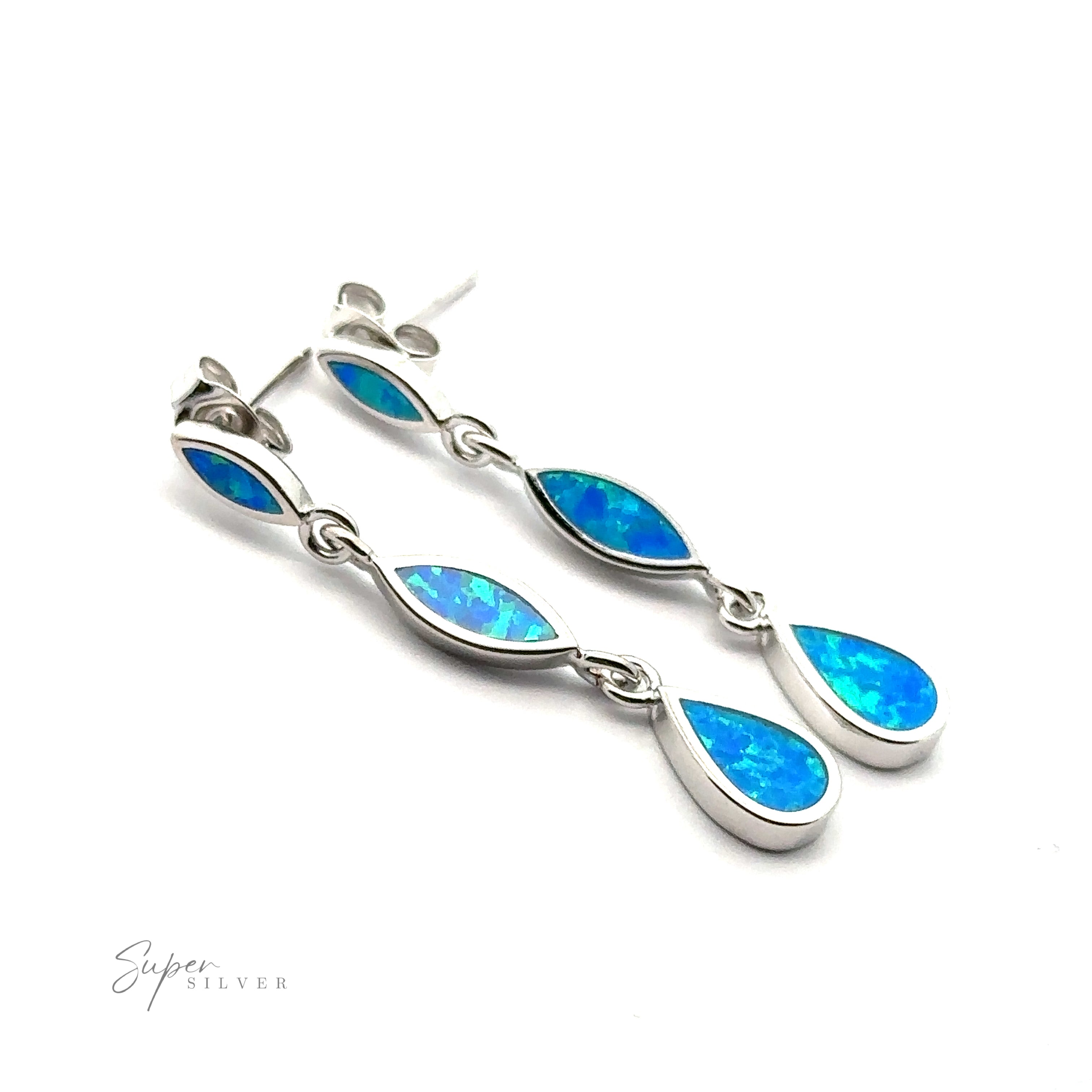The Elegant Lab-Created Opal Earrings are a pair of sterling silver drop earrings with three linked sections, each adorned with lab-created blue-green opal inlays in marquise and teardrop shapes. They feature secure post backings for added safety.