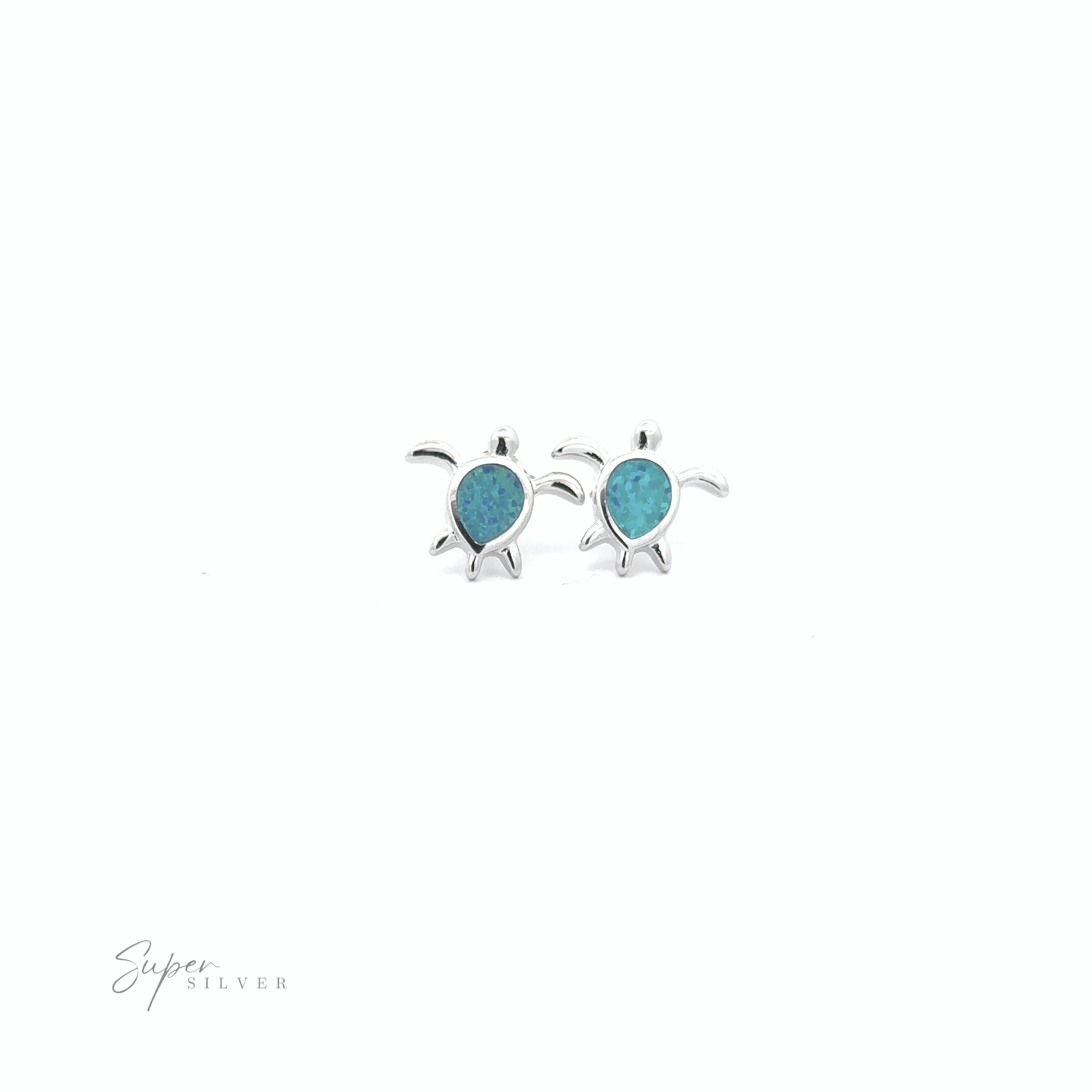 The Simple Lab-Created Opal Turtle Studs feature two sterling silver sea turtle stud earrings with turquoise-colored shells on a white background. The text "Super Silver" is in the bottom left corner.