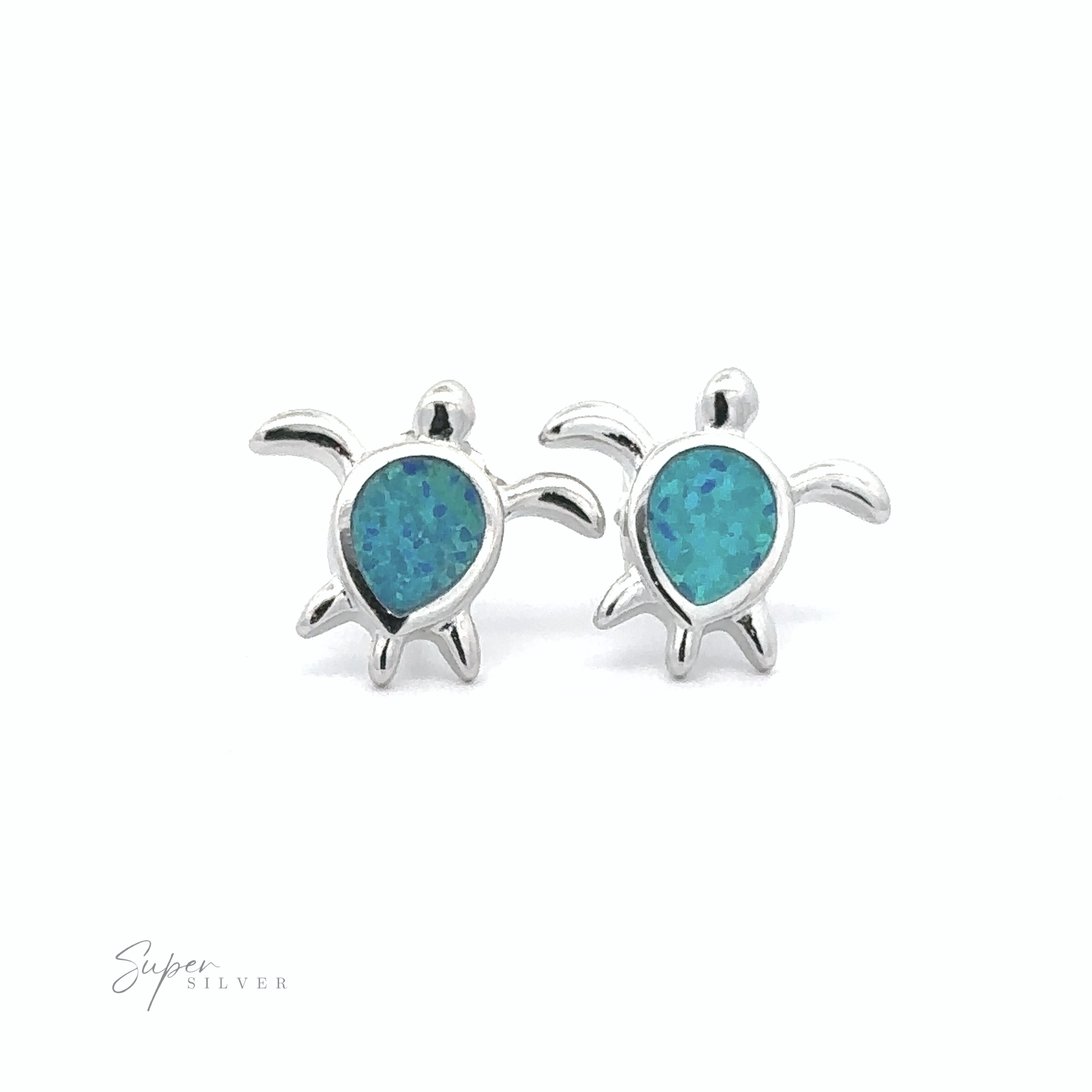 A pair of Simple Lab-Created Opal Turtle Studs featuring sterling silver sea turtles with a blue opal inlay set against a white background. The "Super Silver" logo is positioned at the bottom left corner.