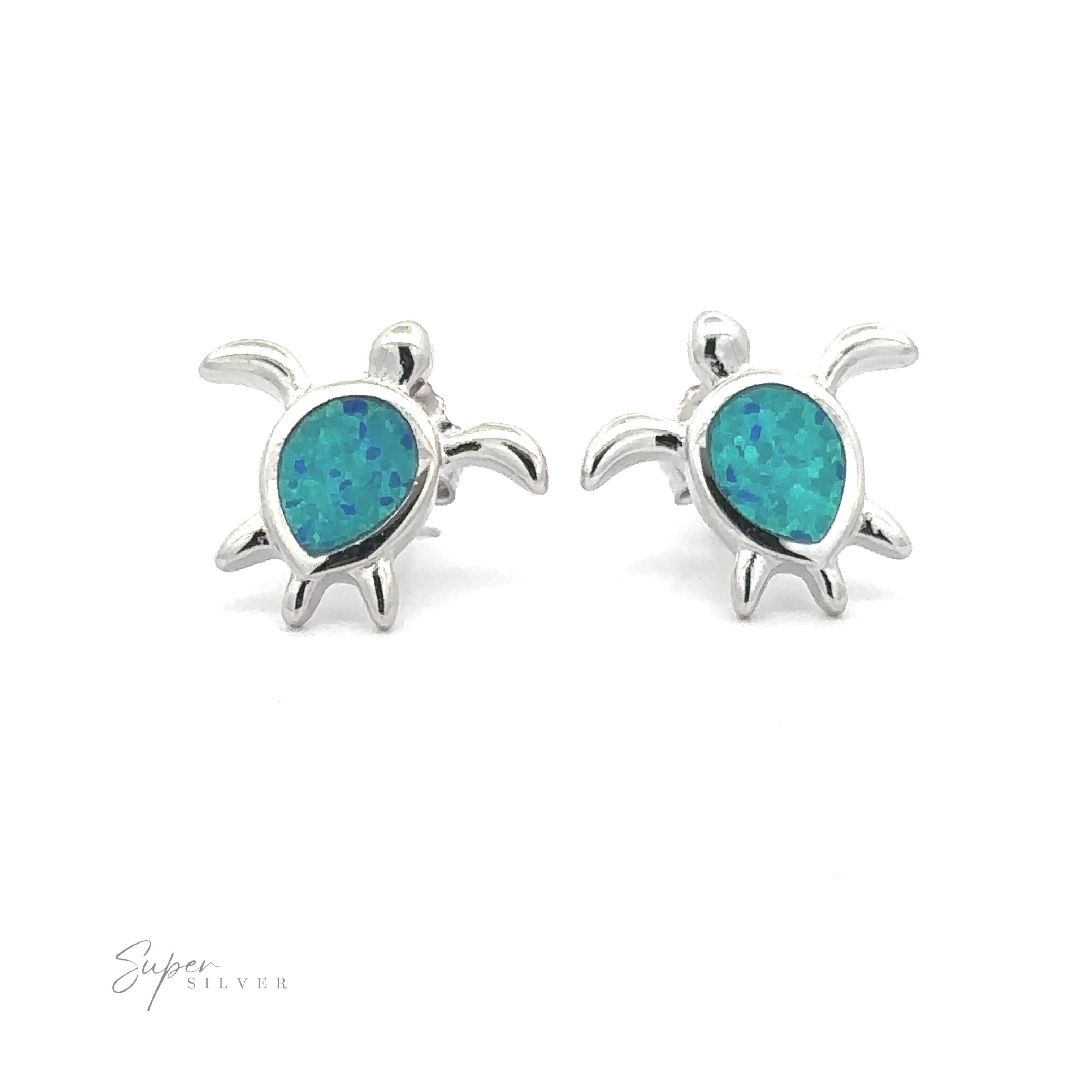 A pair of Simple Lab-Created Opal Turtle Studs, featuring sterling silver sea turtles with lab-created blue-green opal inlaid shells, displayed against a white background.