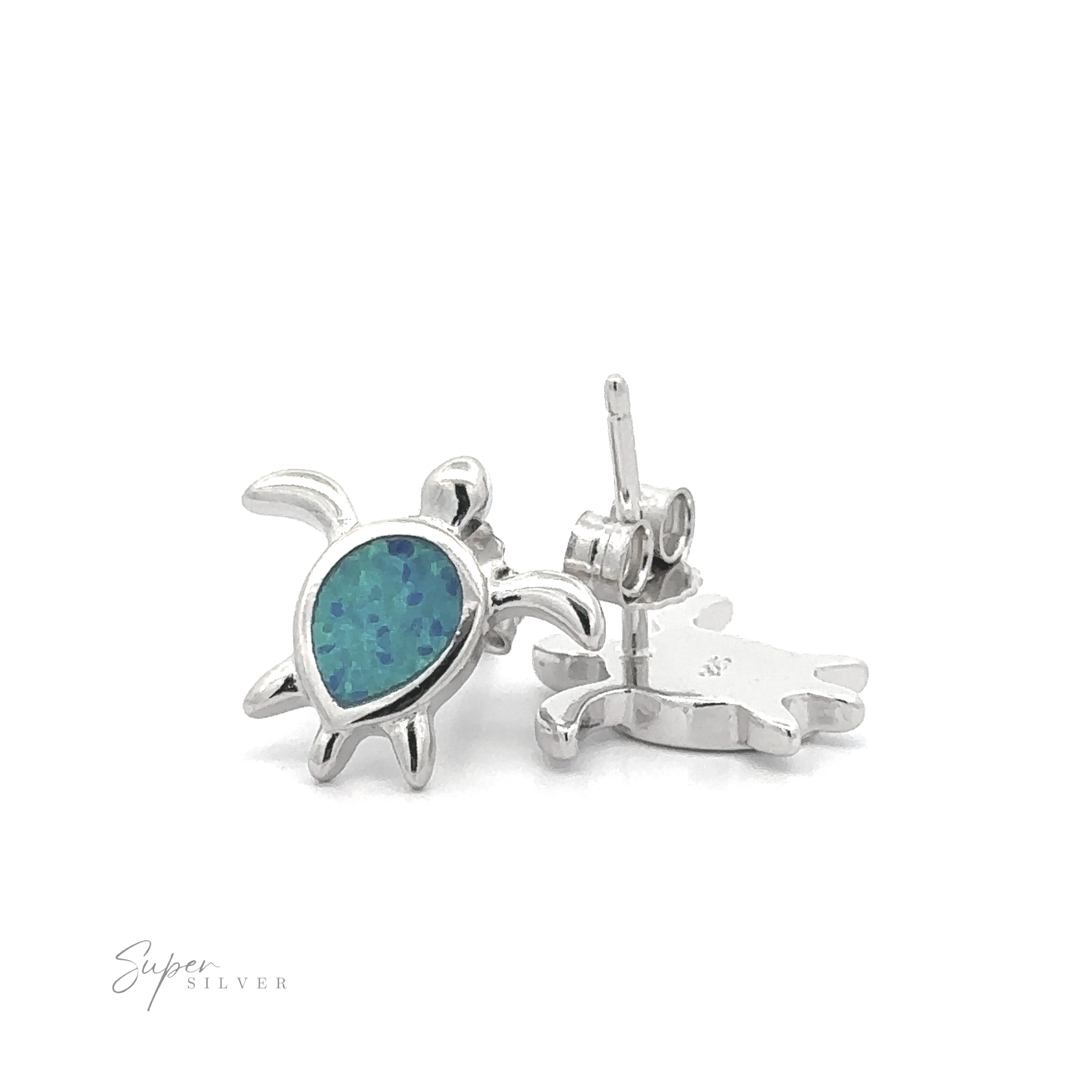 The Simple Lab-Created Opal Turtle Studs showcase lab-created blue opal inlays, exquisitely set against a white background.