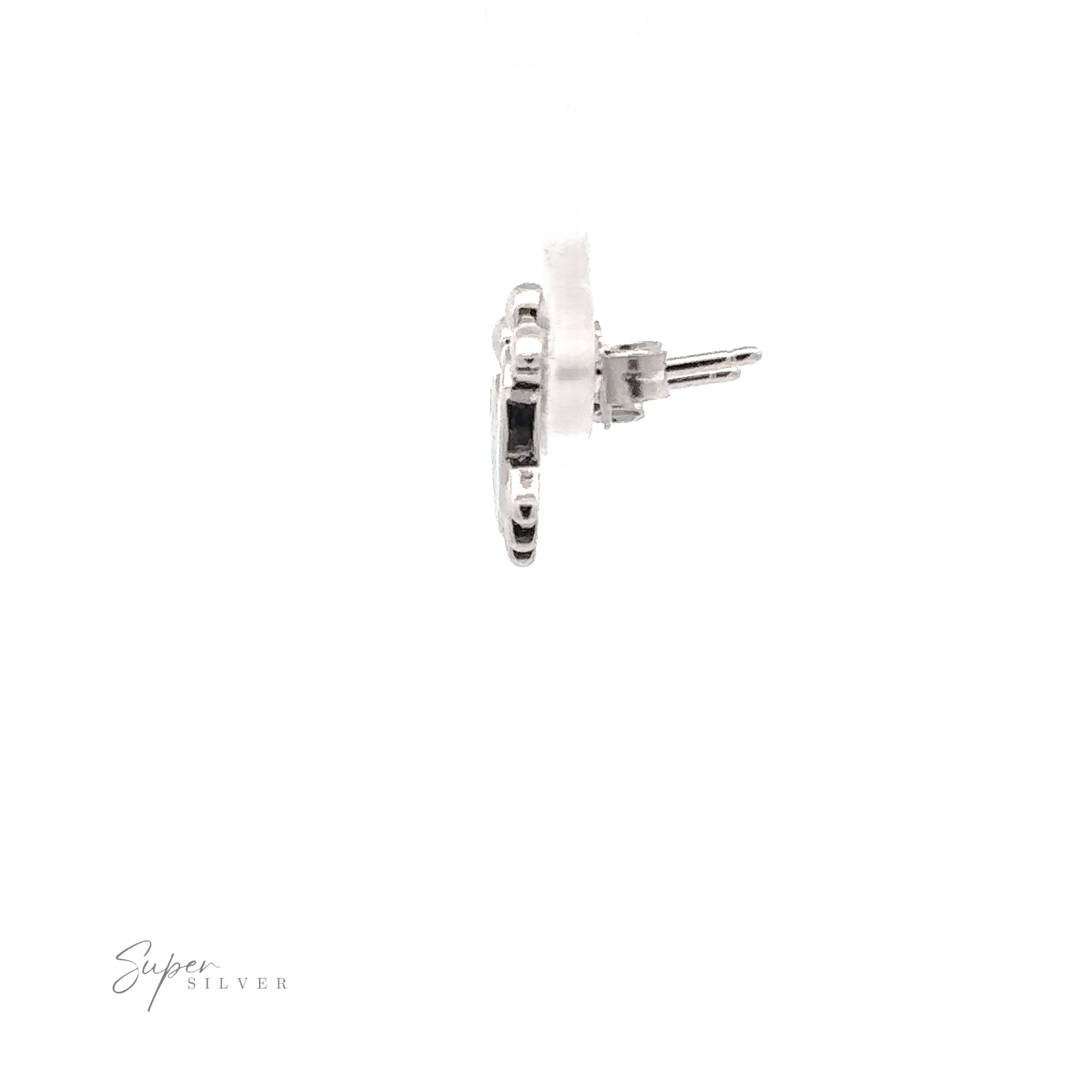 Side view of a Simple Lab-Created Opal Turtle Stud earring crafted in sterling silver with a clear backing, set against a plain white background.