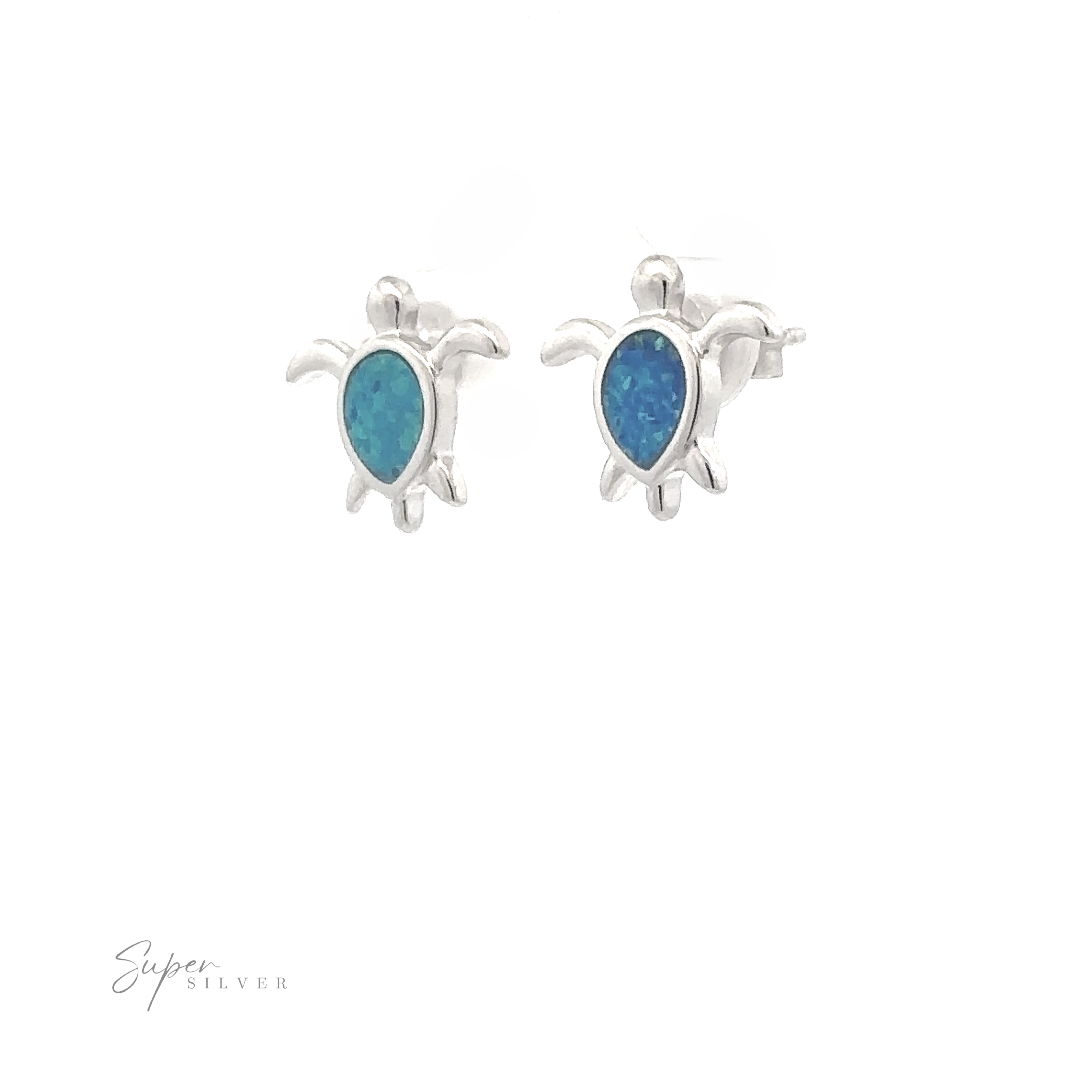 A pair of Simple Lab-Created Opal Turtle Studs on a white background, with the brand "Super Silver" printed in the bottom left corner.