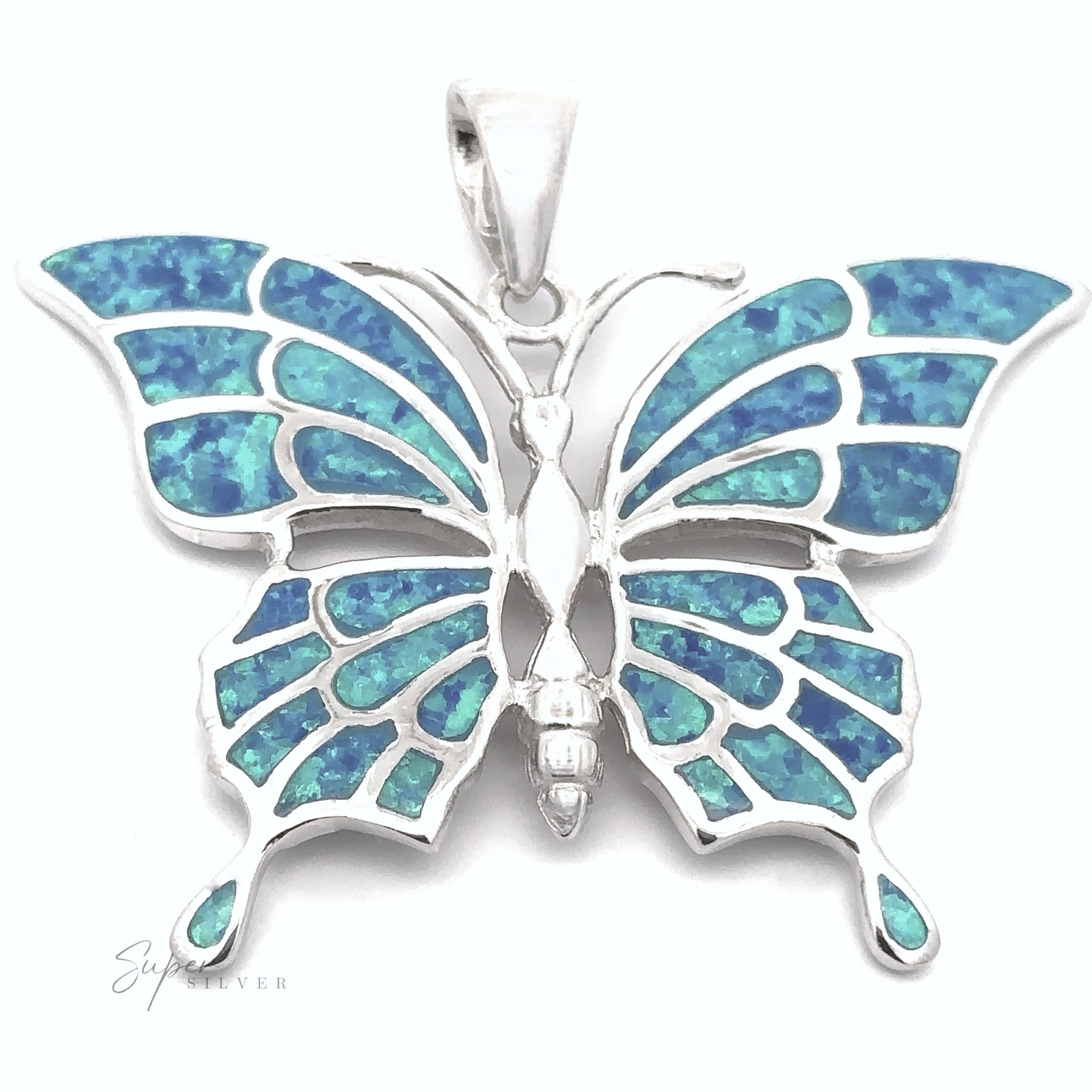 The Statement Lab-Created Opal Butterfly Pendant is crafted from sterling silver and features a butterfly shape with blue-green enamel and silver outlines. It includes a loop at the top for a chain and is adorned with lab-created opal accents.