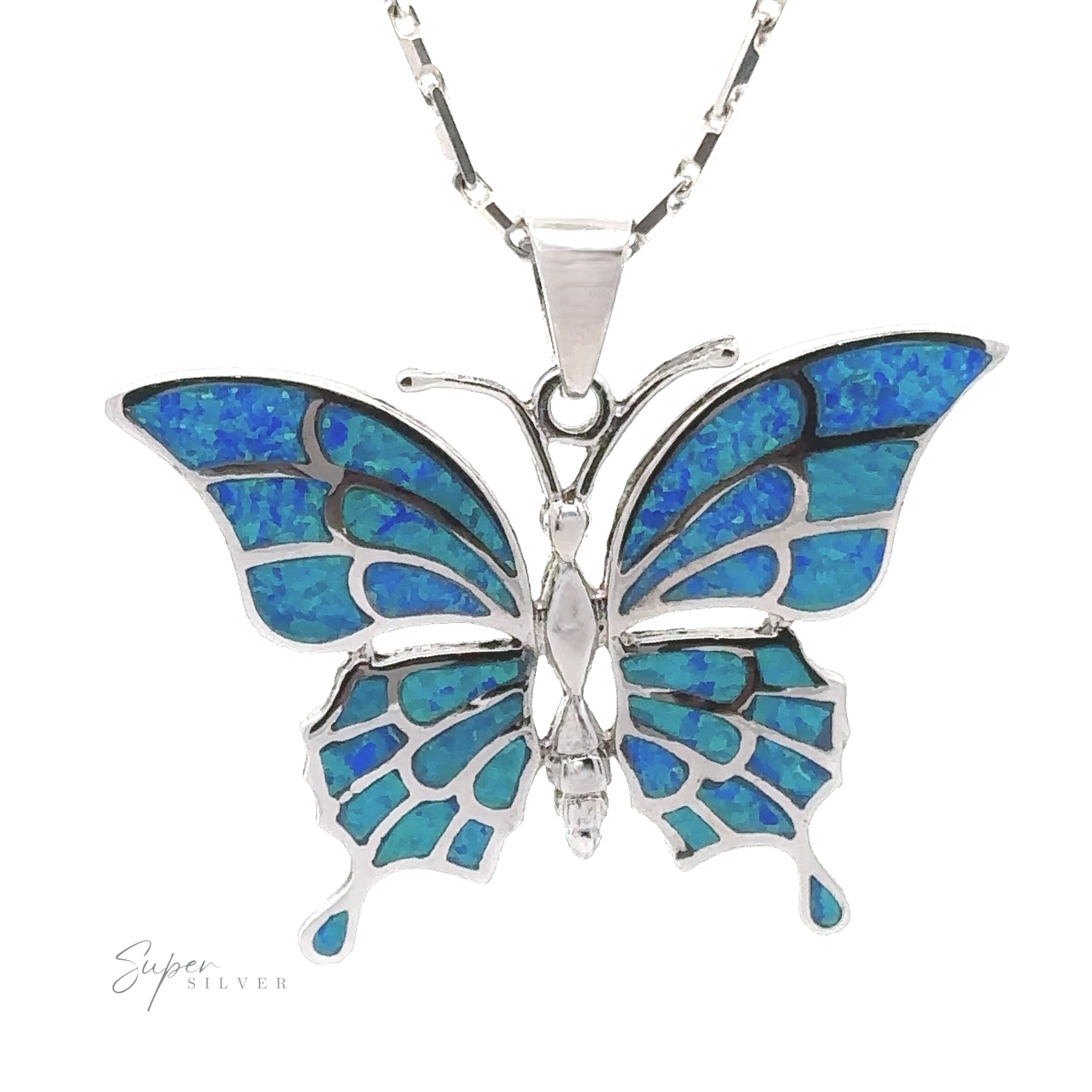 Statement Lab-Created Opal Butterfly Pendant: A sterling silver pendant featuring blue stained glass butterfly wings and accented with lab-created opal, elegantly displayed on a chain necklace.