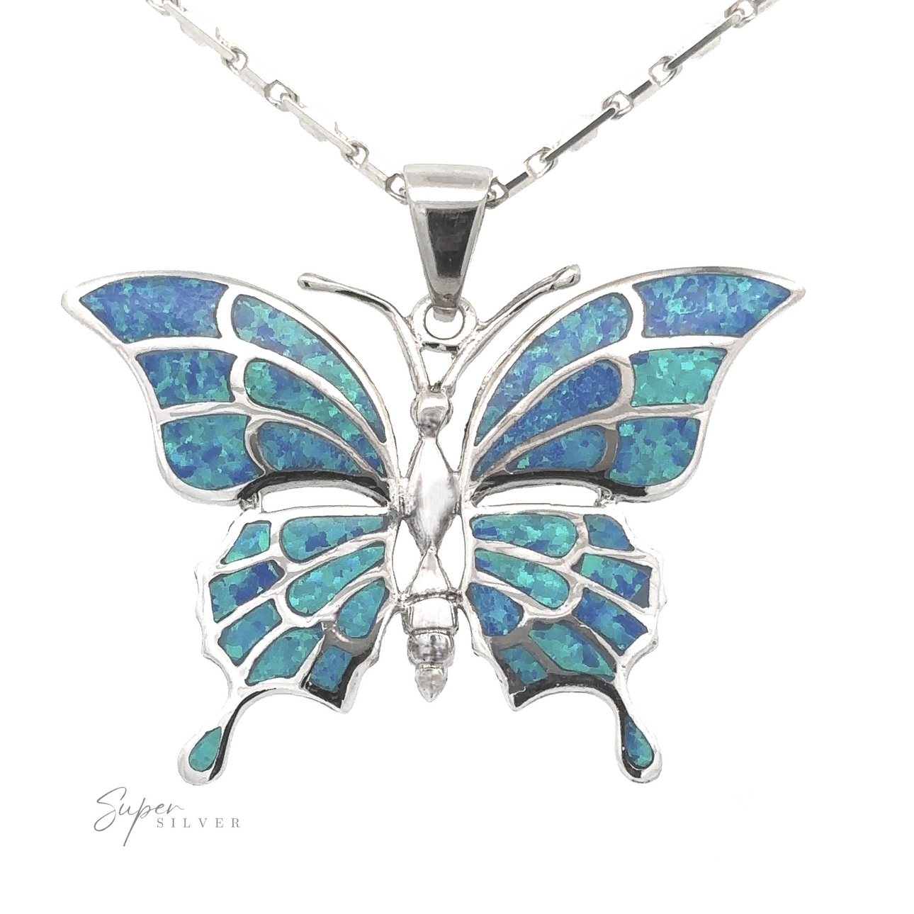 A sterling silver Statement Lab-Created Opal Butterfly Pendant featuring blue and green inlays on a delicate chain. The text "Super Silver" is printed near the bottom left of the image.