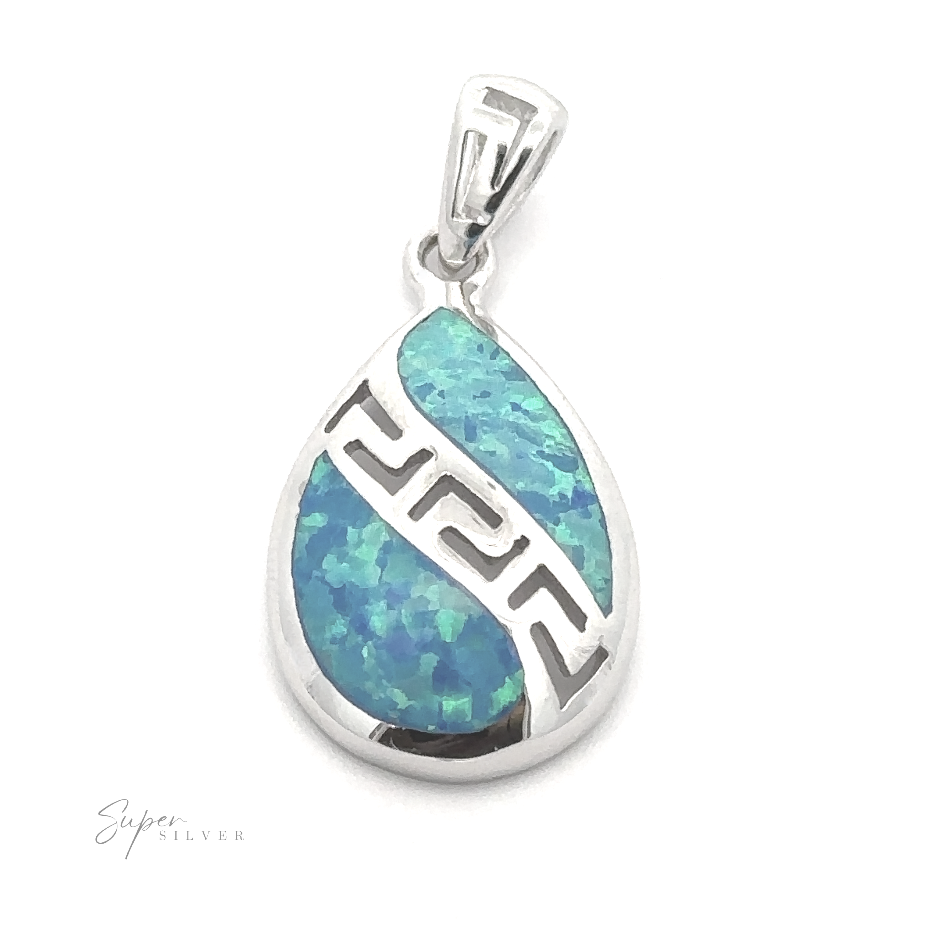 The **Teardrop Lab-Created Opal Pendant** showcases a blue-green opal stone set within silver embellishments, featuring a pronounced loop for attaching to a necklace and adorned with an intricate Greek key design.