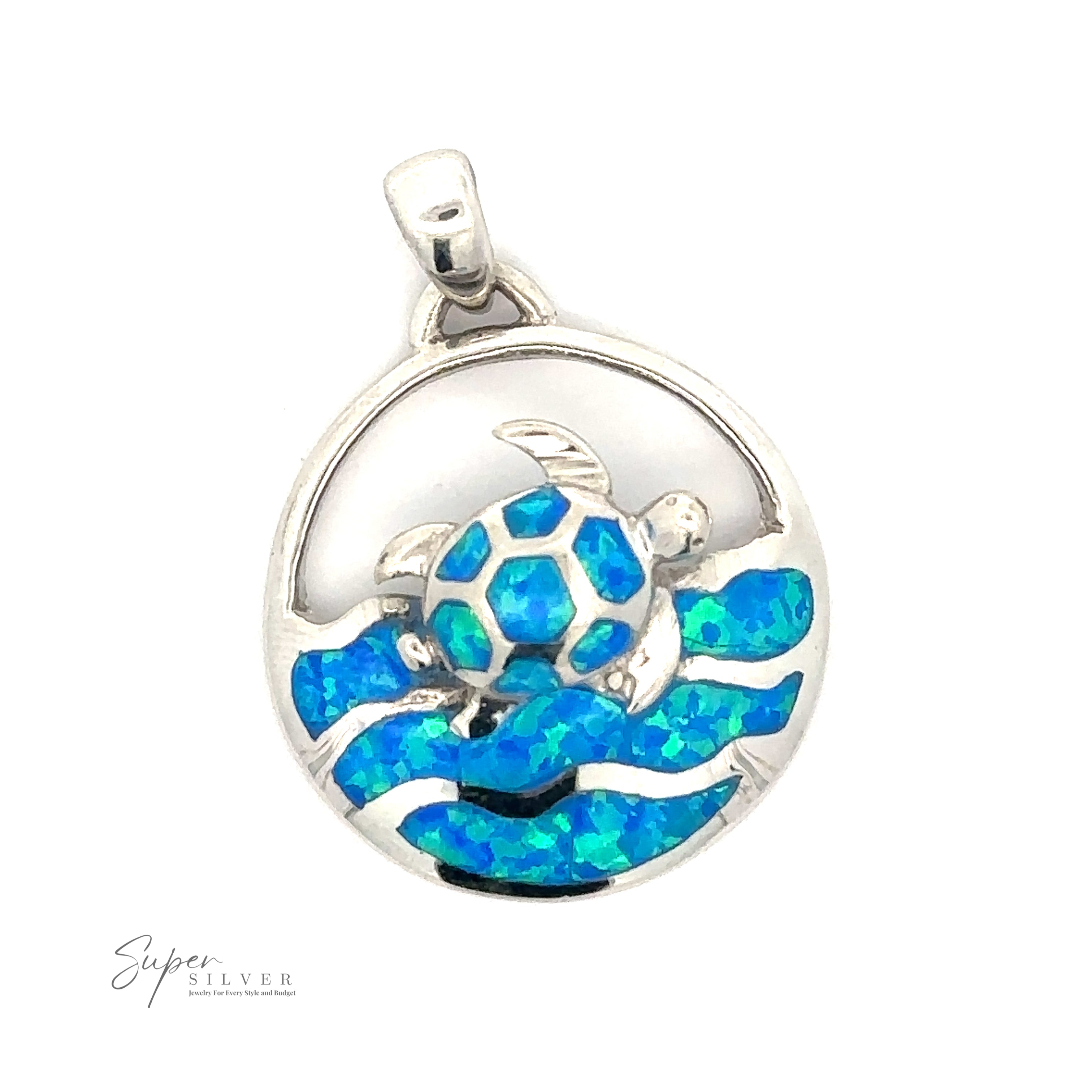 A stunning Blue Opal Sea Turtle Pendant featuring a sea turtle design with blue-green opal inlays on its shell and the waves below. This piece of oceanic jewelry is branded "Super Silver.