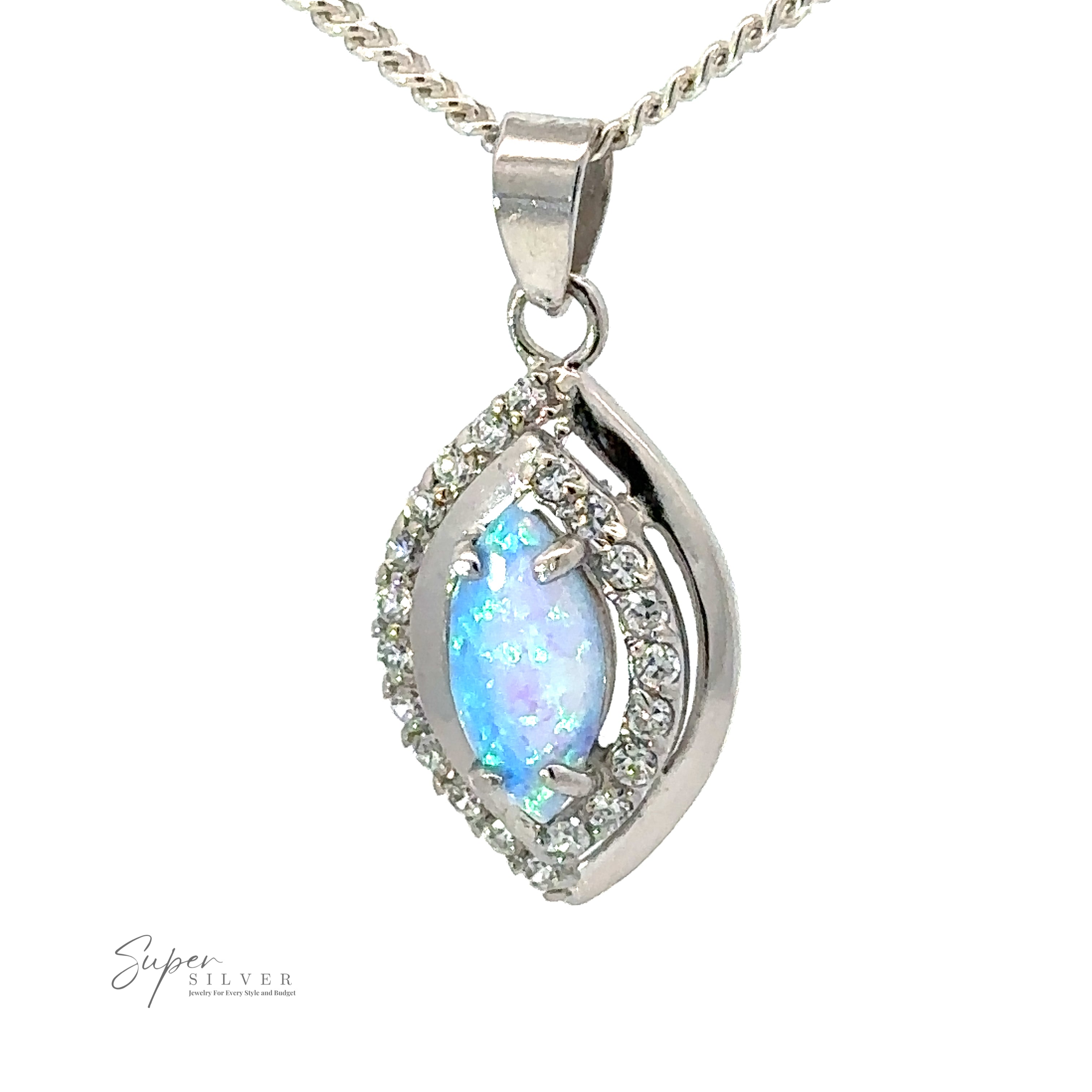 An Opal Pendants with Cubic Zirconia featuring an oval lab-created opal gemstone surrounded by small cubic zirconia stones, with a twisted chain, embodying the elegance of Art Deco jewelry.