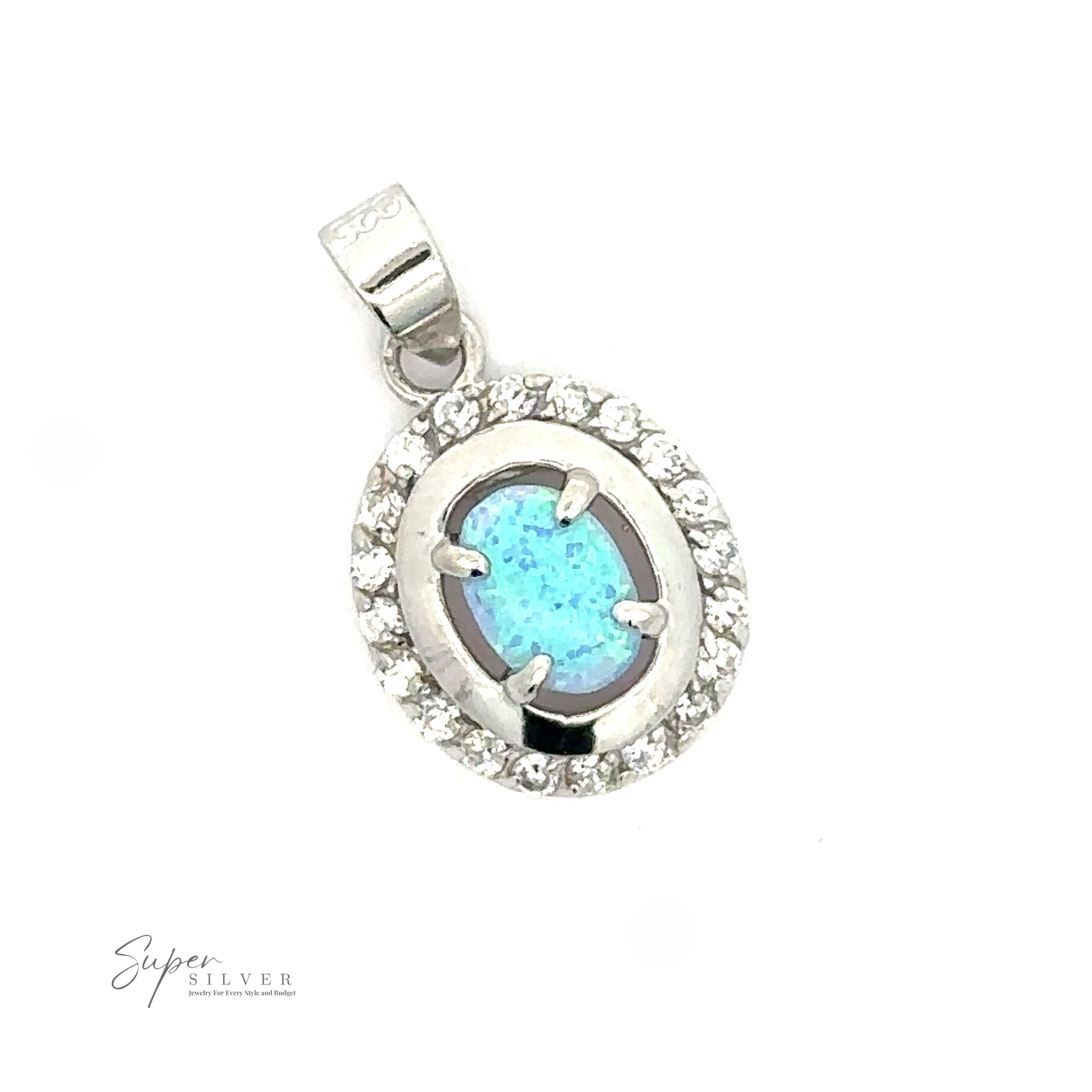 An Opal Pendant with Cubic Zirconia stones on a silver setting, isolated on a white background. The logo "Super Silver" is visible on the bottom left.