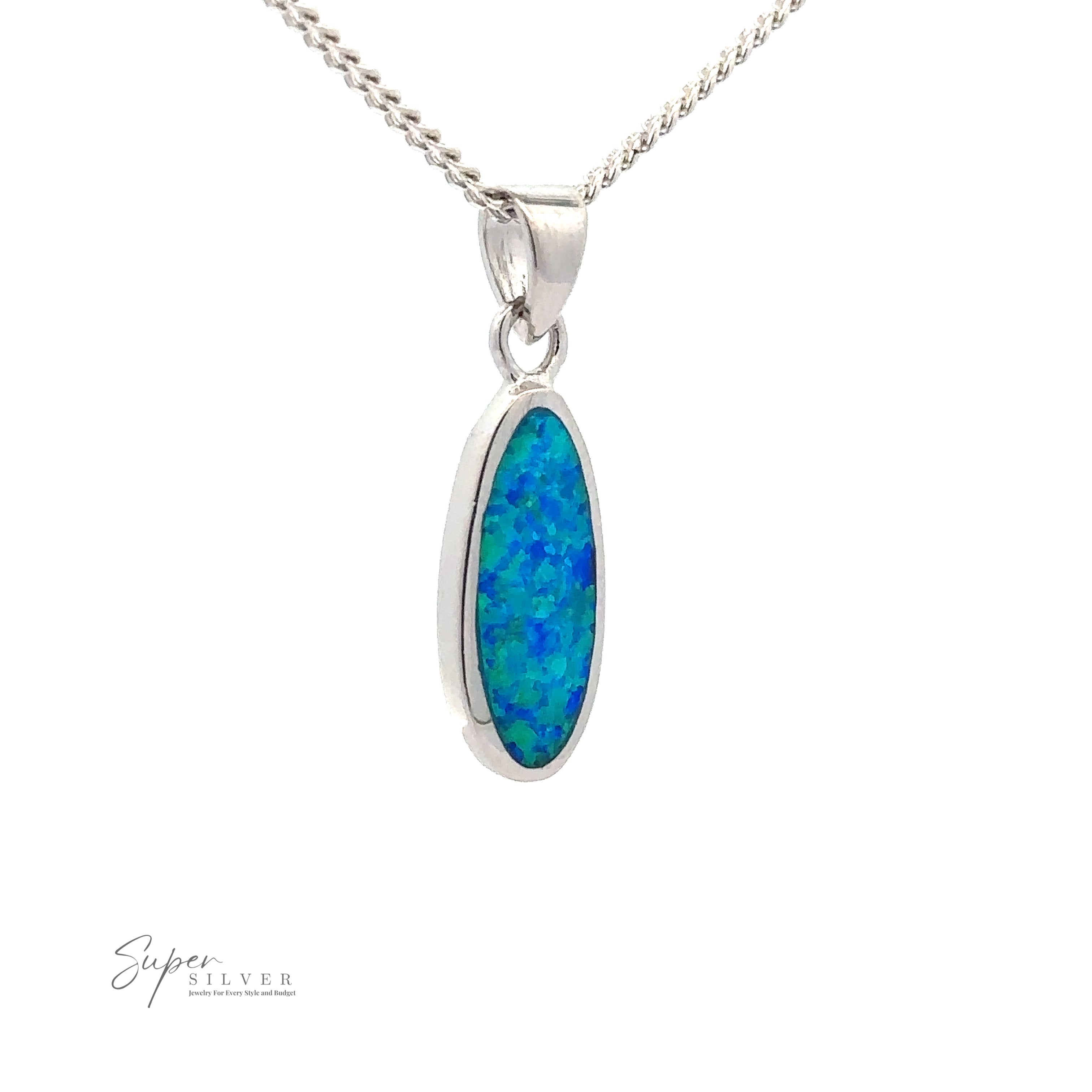 A Blue Opal Oval Pendant featuring an oval-shaped blue opal gemstone. The pendant, with a rhodium finish, hangs from a chain and "Super Silver" is visible in the corner.