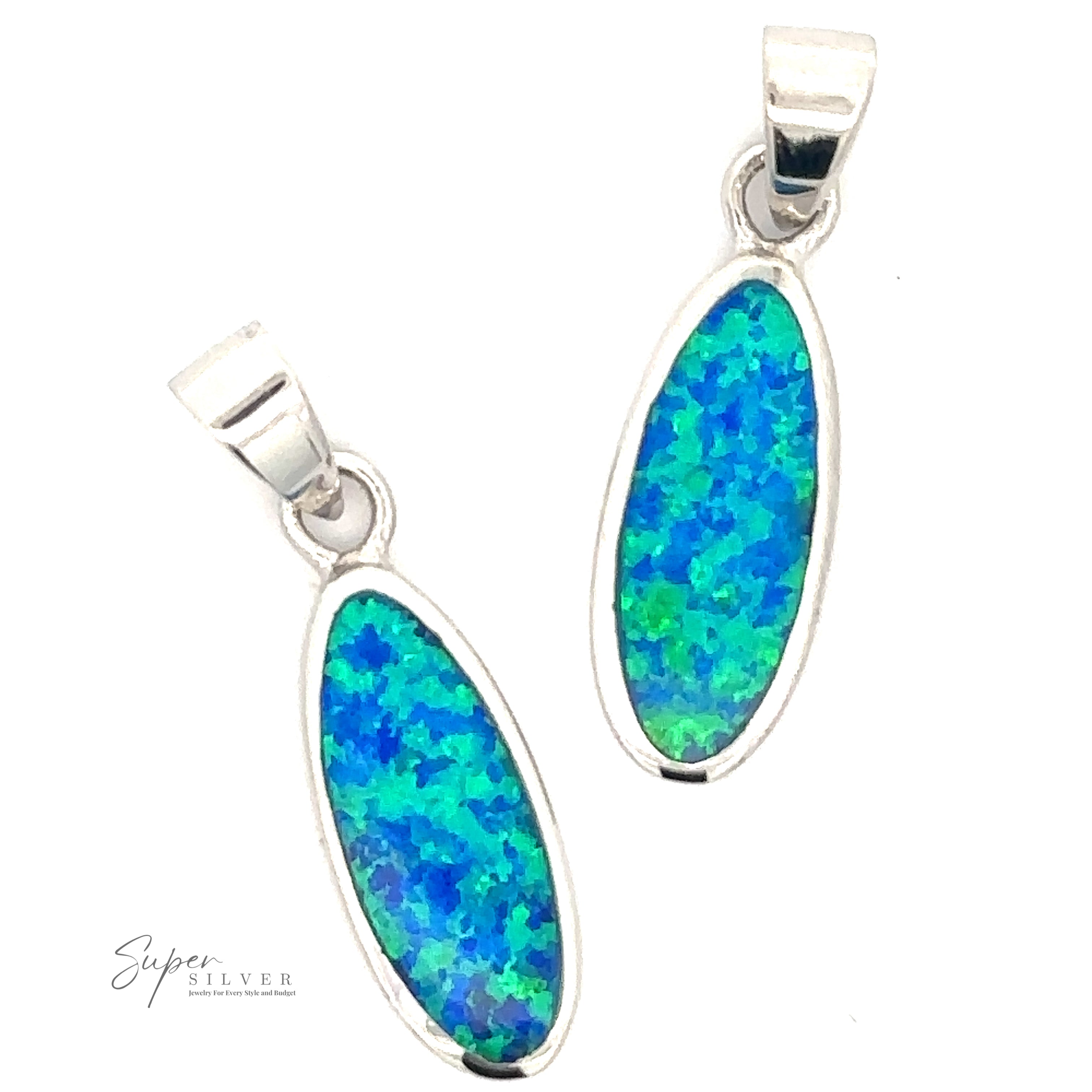 Two Blue Opal Oval Pendants with rhodium finish sterling silver settings, displayed against a white background. "Super Silver" branding is visible in the bottom left corner.