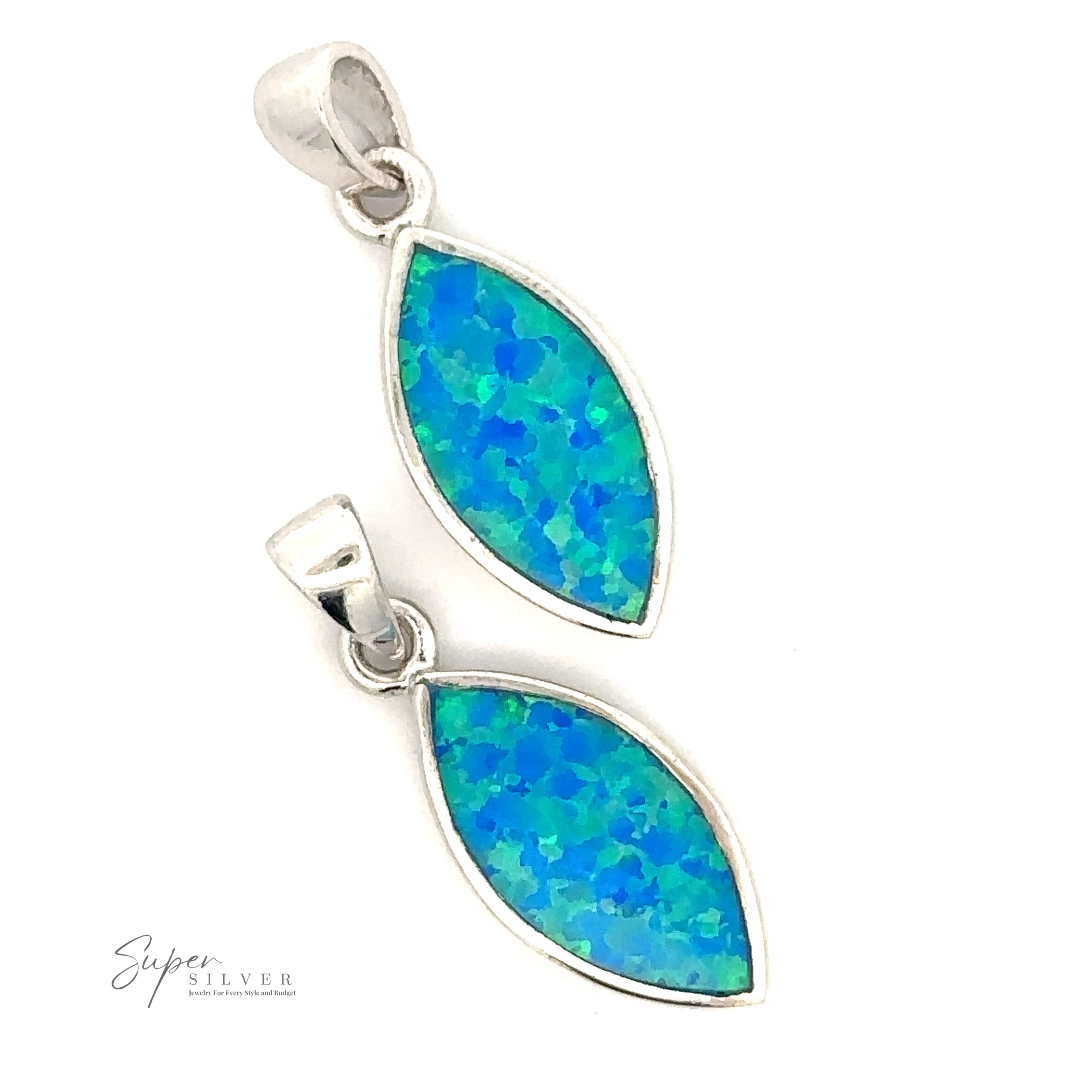 Two Marquise-Shaped Blue Opal Pendants with iridescent blue and green stones set in rhodium plated sterling silver frames, displayed against a white background. "Super Silver" branding is visible in the bottom left corner.