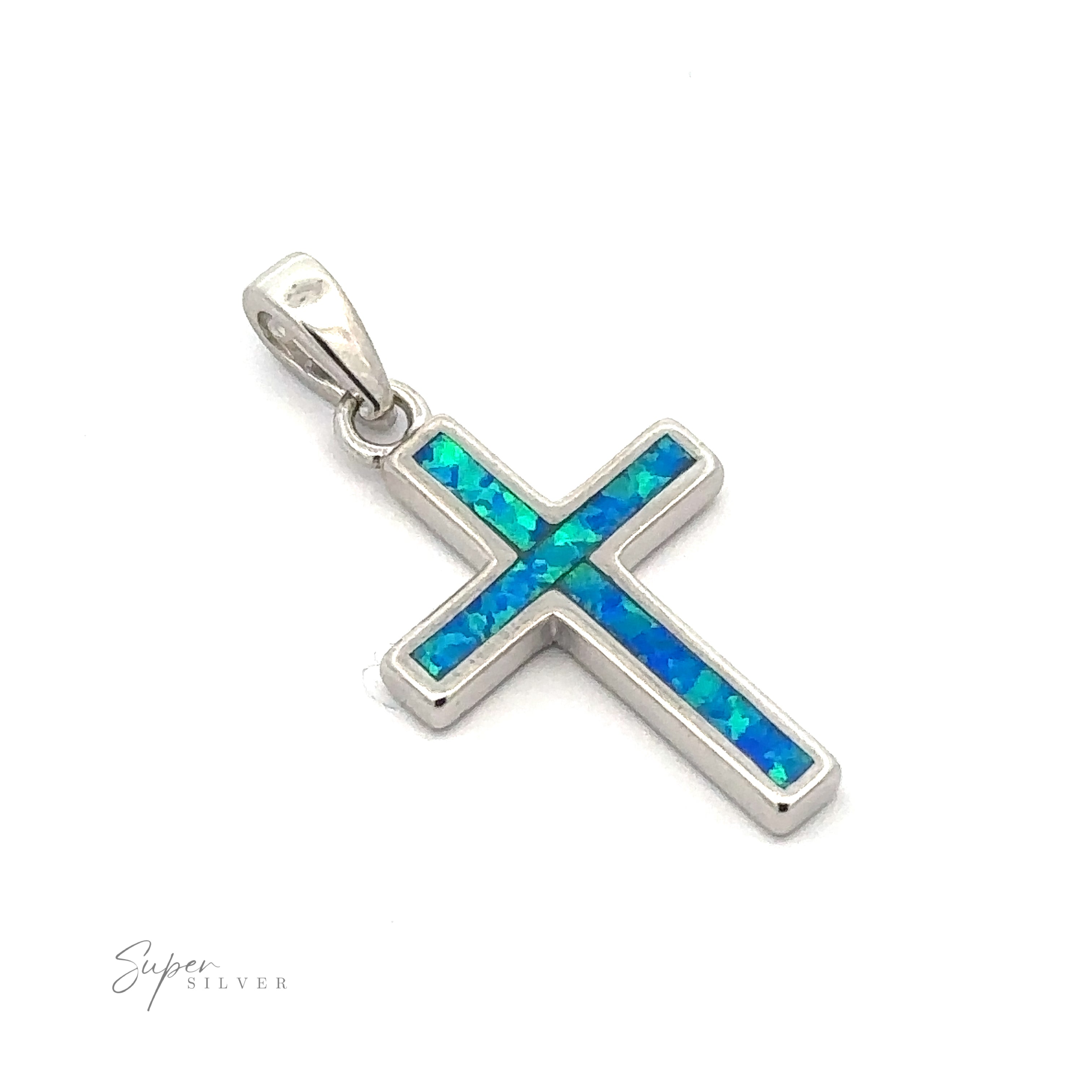 The Lab-Created Opal Cross Pendants highlight a minimalist design in sterling silver, featuring a striking lab-created blue-green opal inlay.