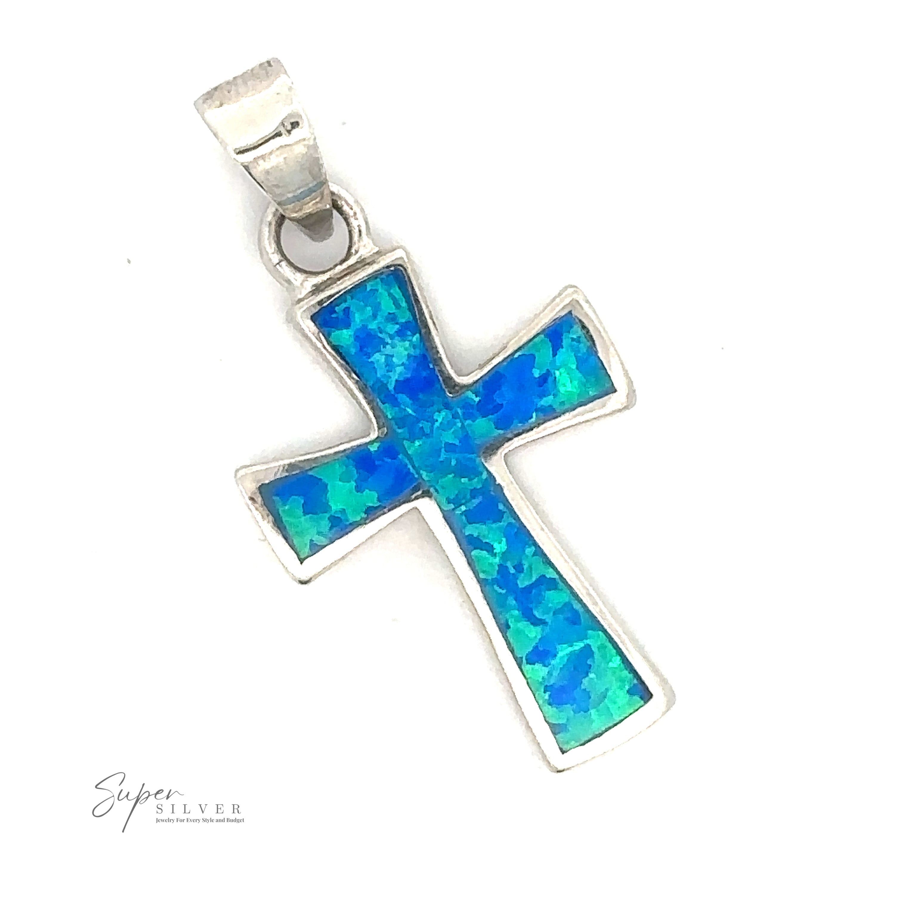 An Opal Cross Pendant with a blue and green opal inlay, featuring a bail for a chain. The logo "Super Silver" is visible in the bottom left corner, enhanced by a sleek rhodium finish.