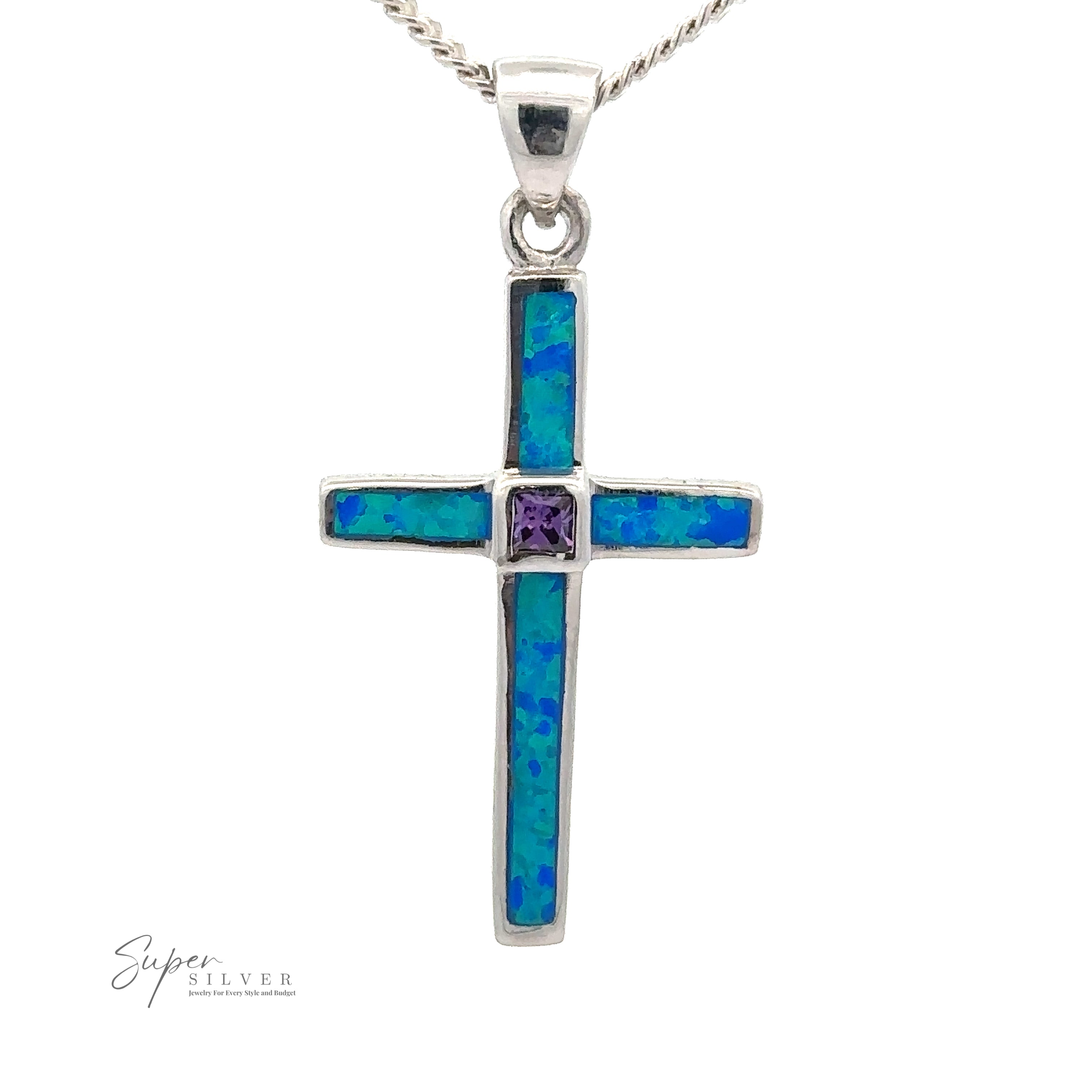 A Blue Opal Cross Pendant With Amethyst Stone. The bottom left of the image has a logo reading "Super Silver," highlighting its rhodium finish for added brilliance.