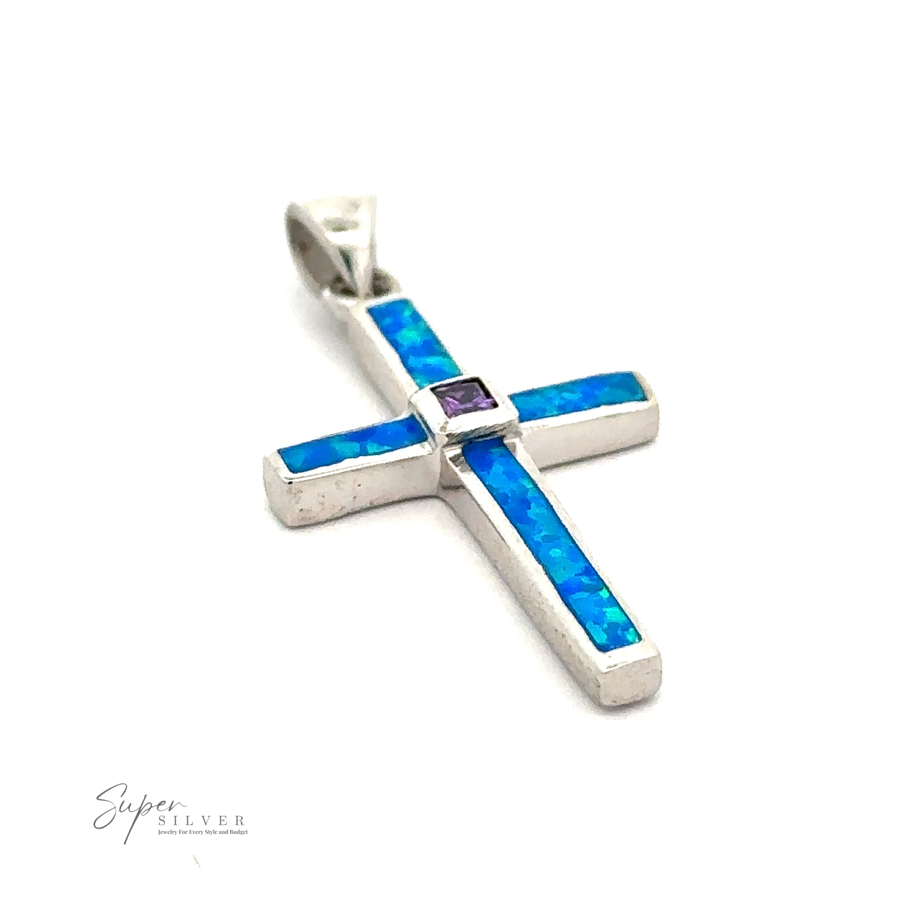 Blue Opal Cross Pendant With Amethyst Stone featuring a rhodium finish and a small central amethyst center stone.