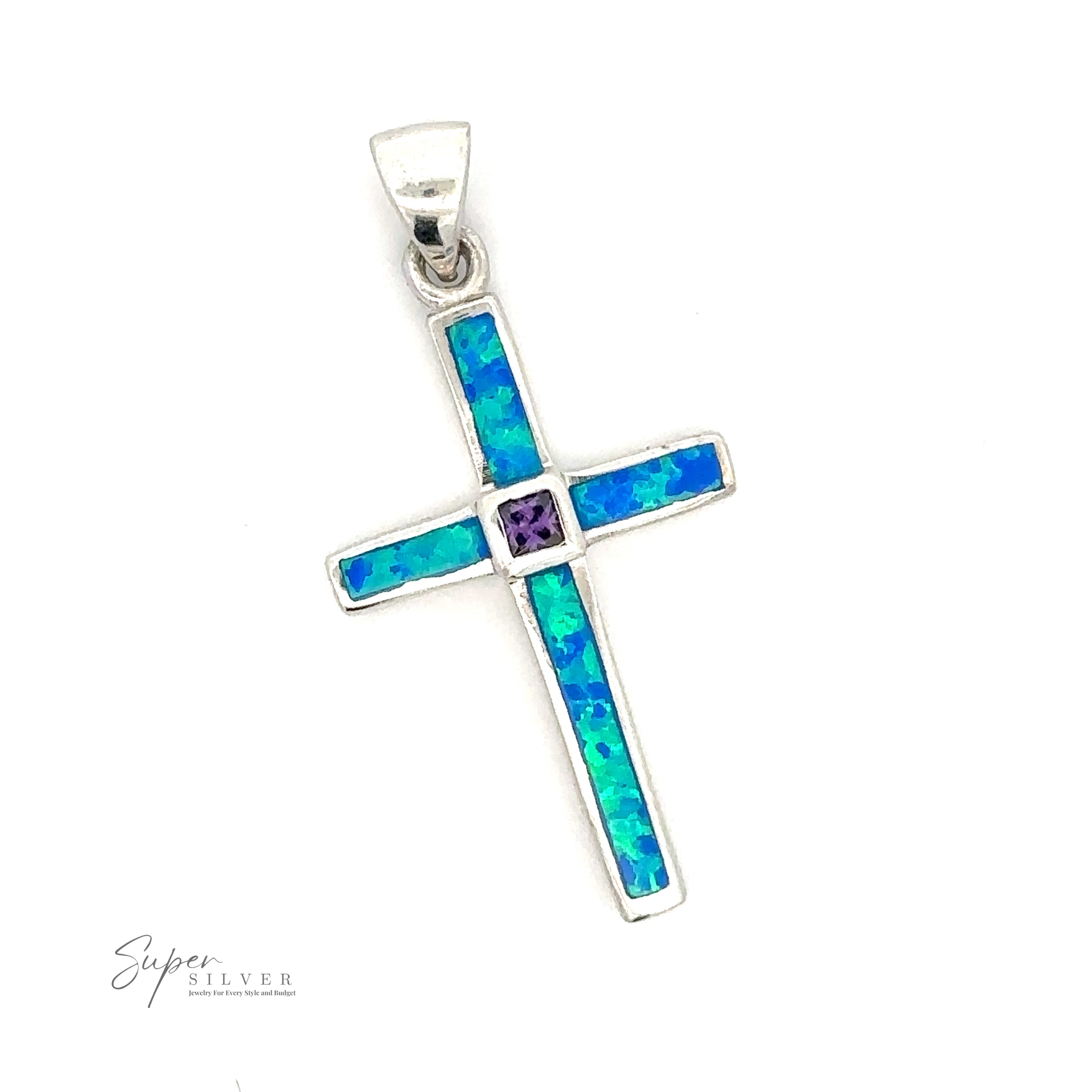 A Blue Opal Cross Pendant With Amethyst Stone with blue and green segments features a faceted amethyst center stone. The Super Silver logo is visible in the bottom left corner, enhancing the elegance of this .925 Sterling Silver piece.