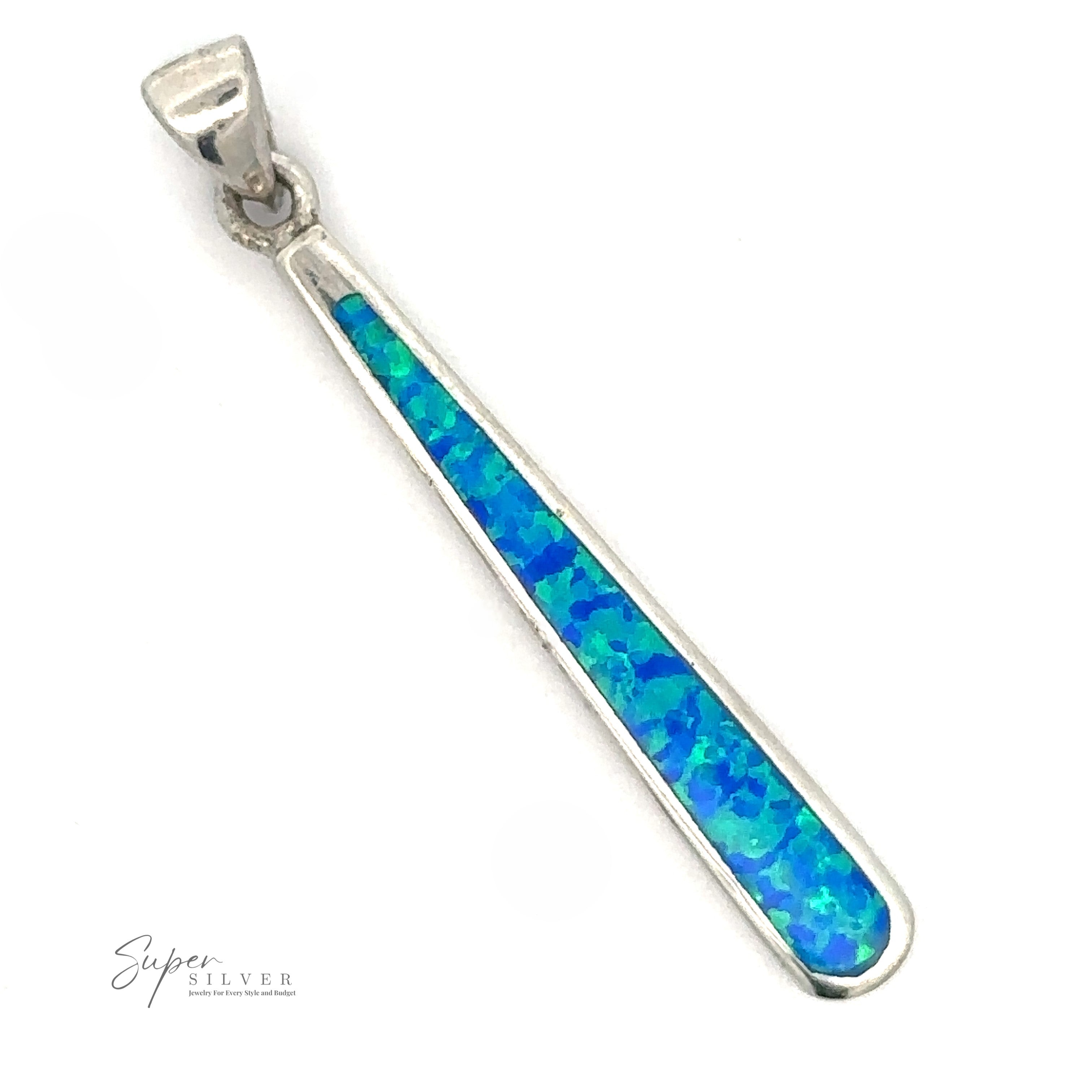 The Elongated Teardrop Blue Opal Pendant, crafted from .925 Sterling Silver, showcases a vibrant blue and green mosaic inlay, resembling the captivating hues of blue opal stones.