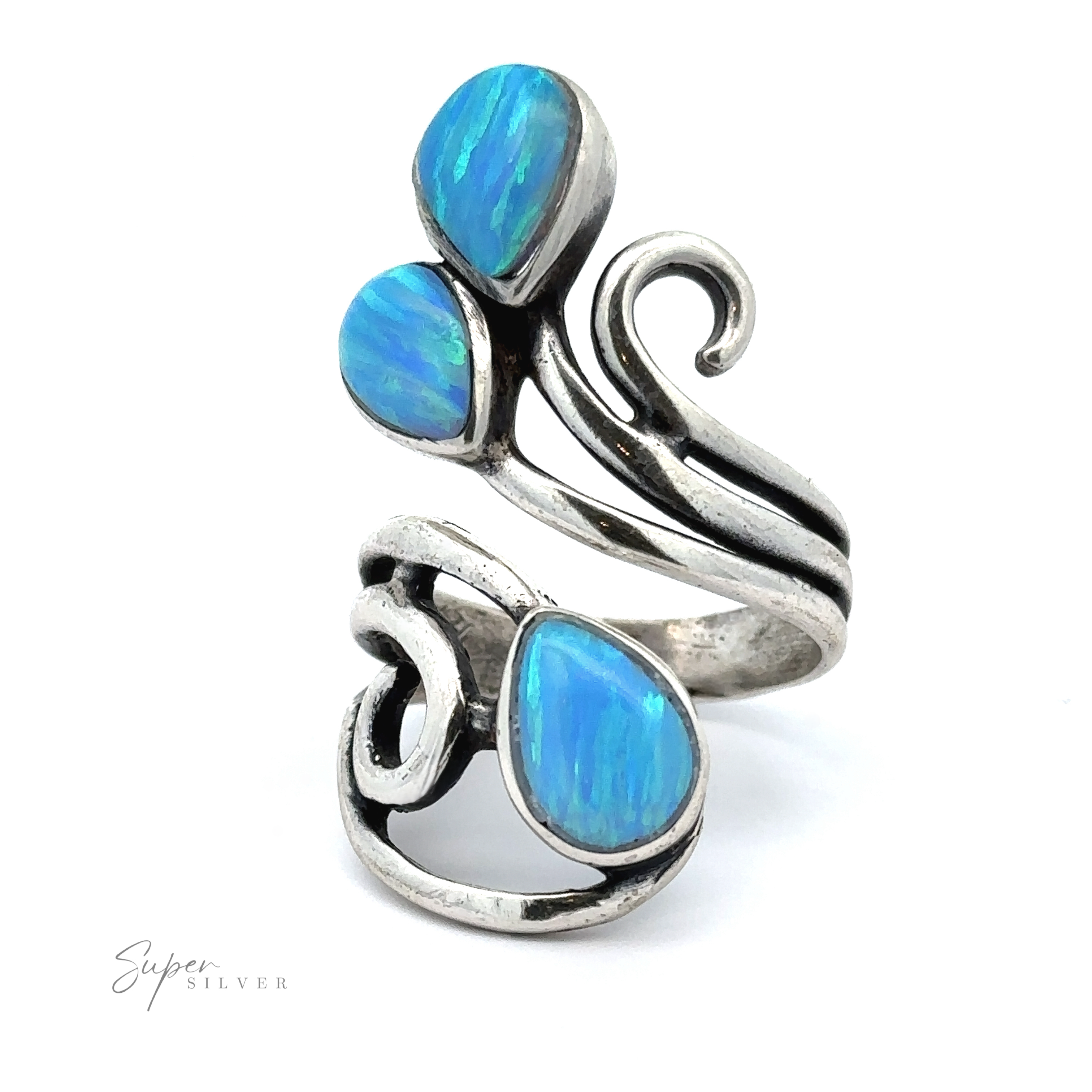 A handcrafted sterling silver ring with a swirled design featuring three blue opal stones, displayed on a white background with the "Stunning Wrap-Around Opal Ring" brand logo in the bottom left corner.