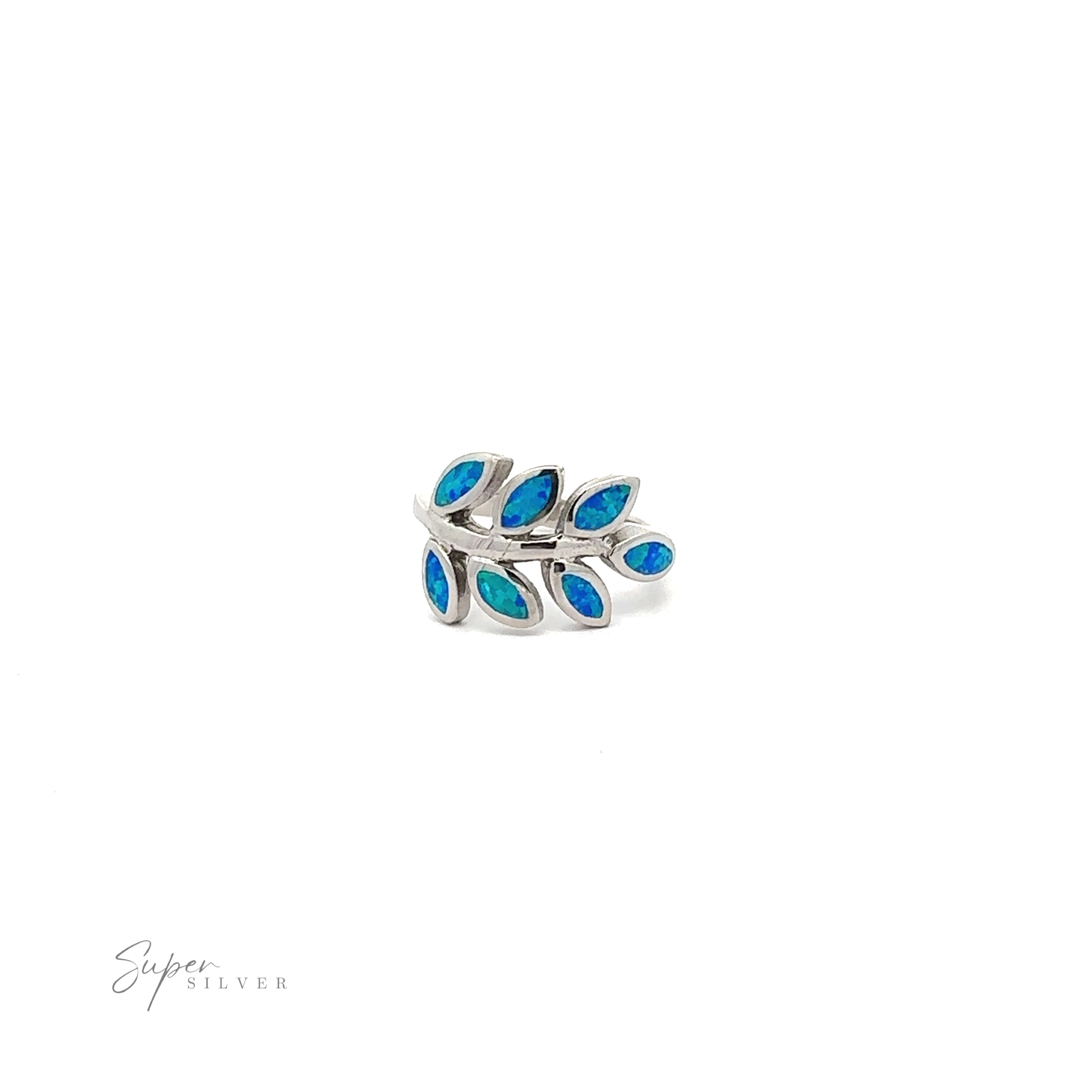 Sterling silver ring with Lab-Created Opal Fern Ring inlays on a white background.