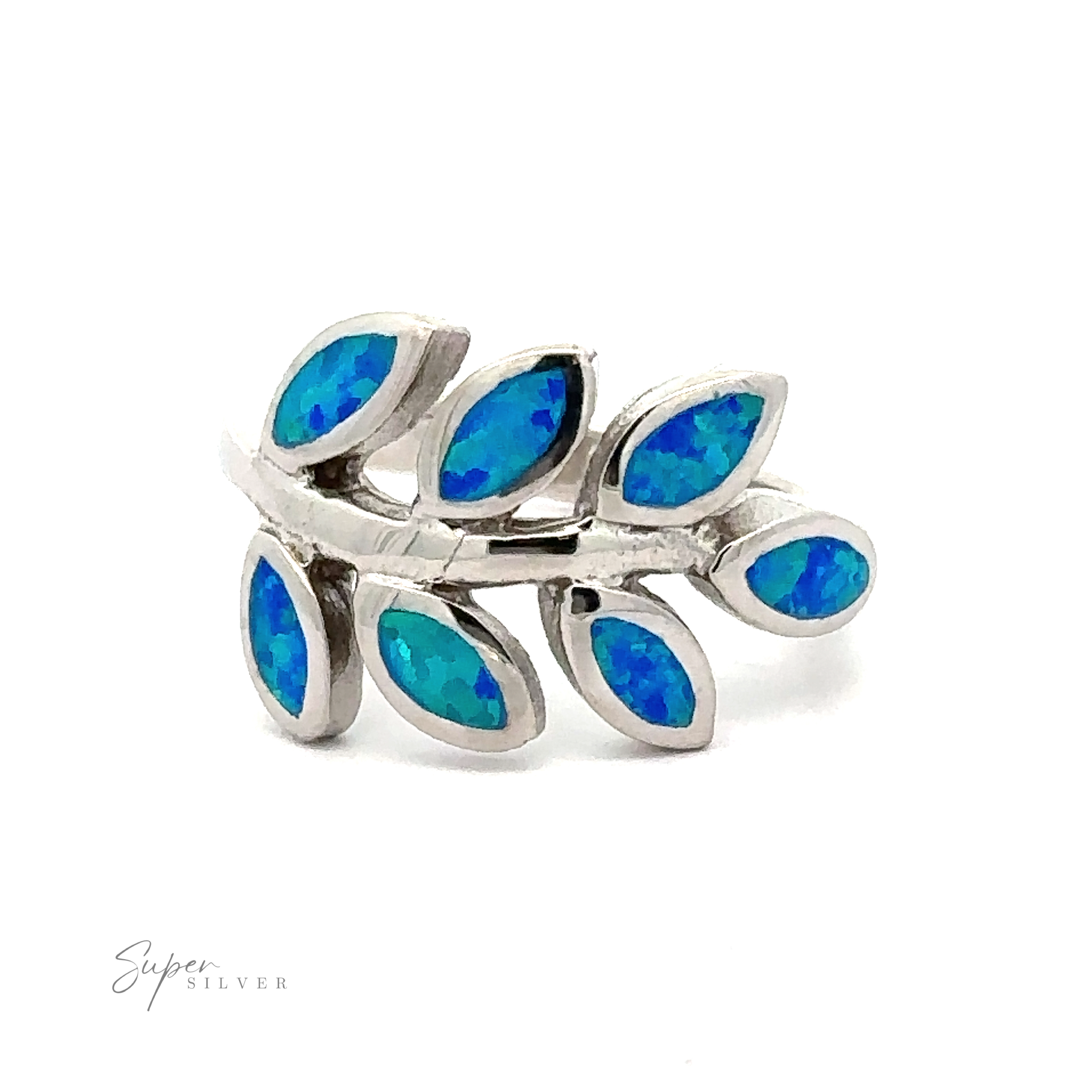 Sterling silver ring with Lab-Created Opal Fern Ring inlay designed as a series of overlapping fern leaves.