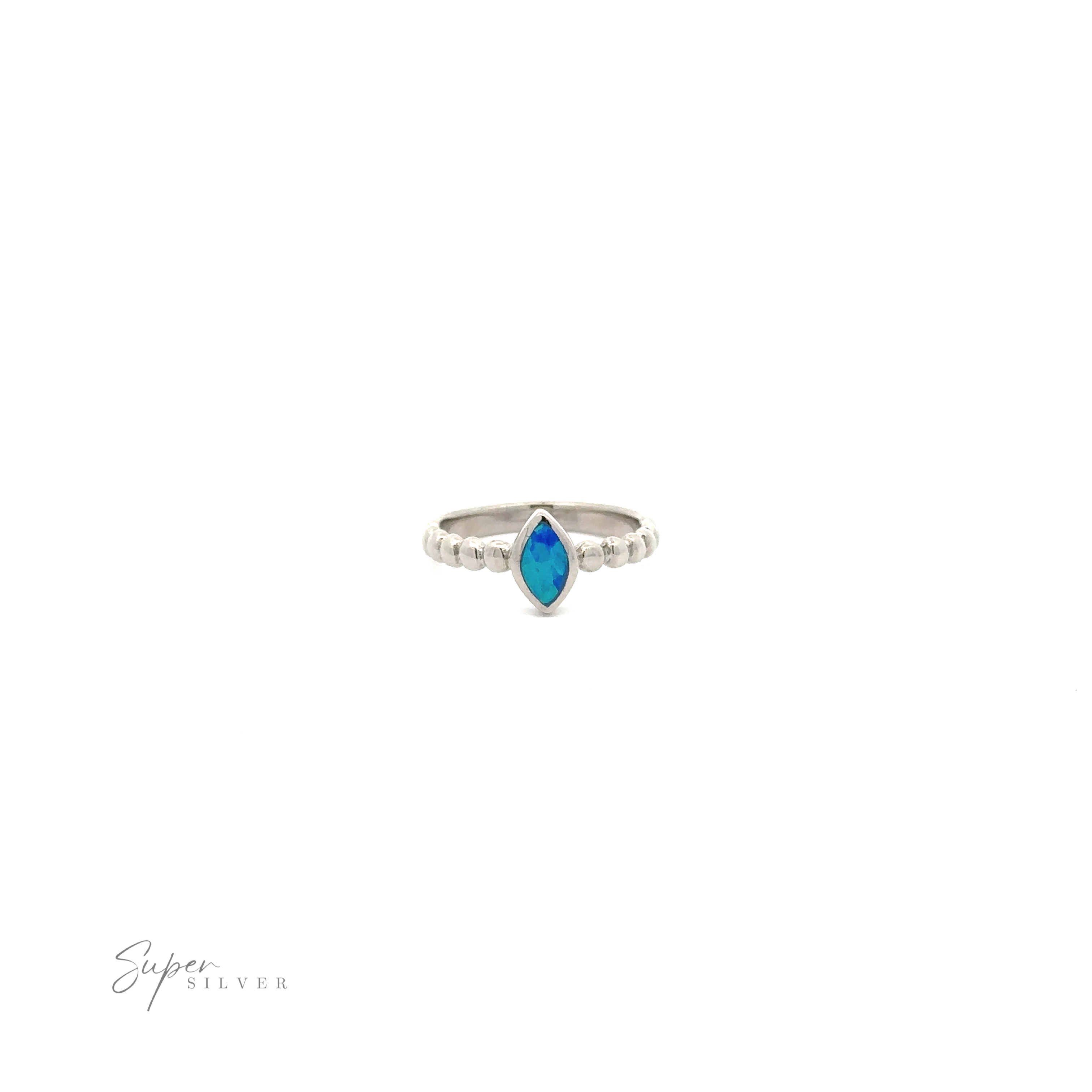 Marquise Lab-Created Opal Ring with Beaded Design with a central marquise-shaped turquoise stone, flanked by two smaller clear stones, against a white background.