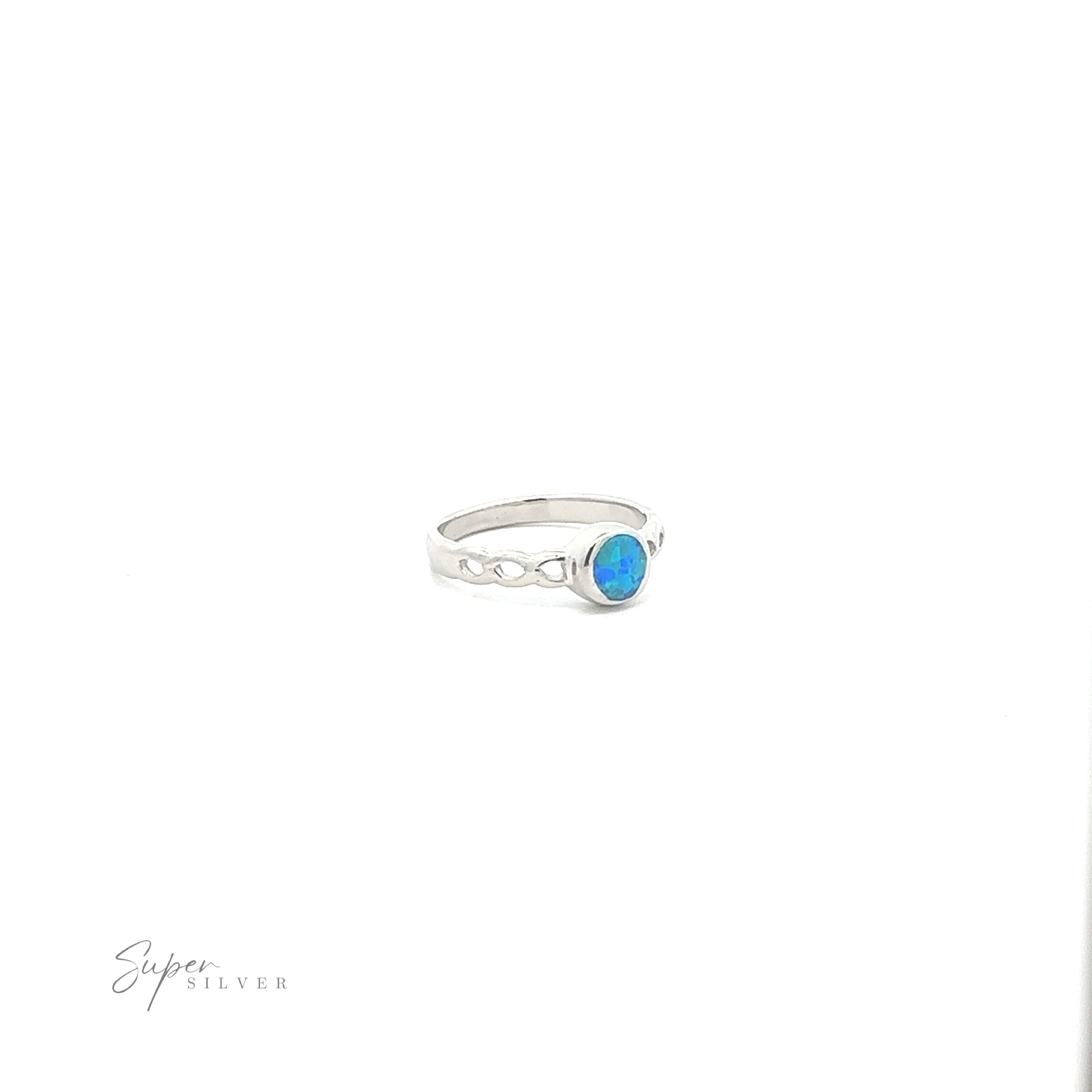 Round Lab Opal ring with Weave Band on a white background.