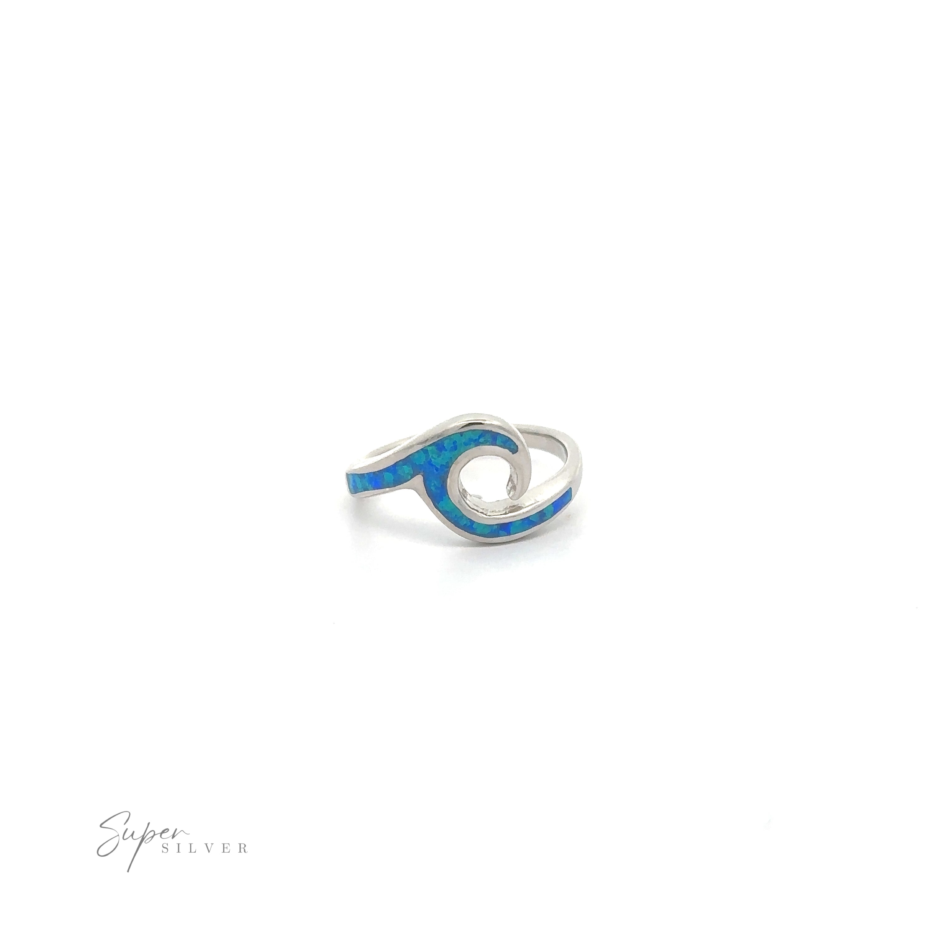 Lab-Created Opal Wave Band with blue inlay resembling a wave design on a white background.