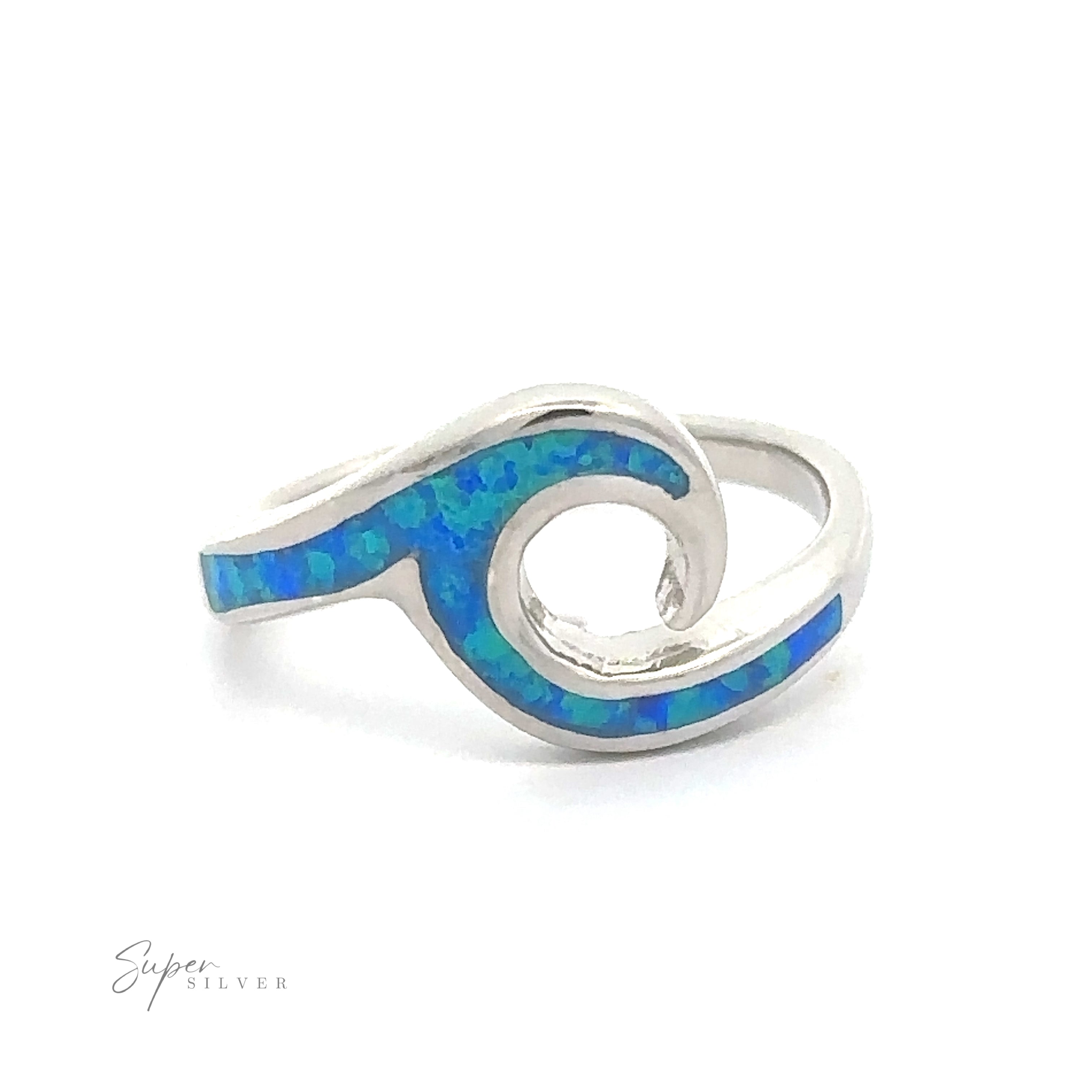 Lab-Created Opal Wave Band with blue inlay in a wave-like design.