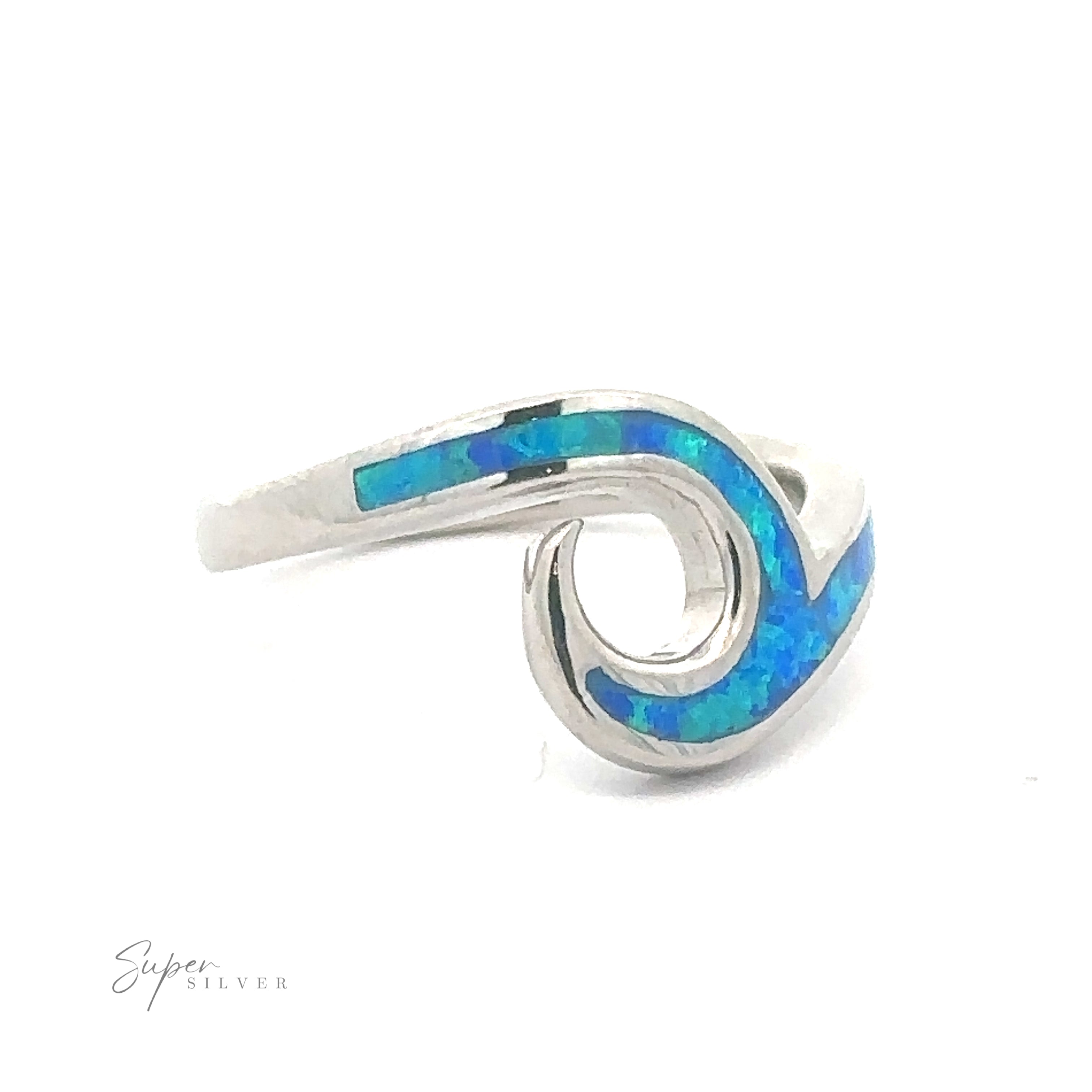 Lab-Created Opal Wave Band with blue inlay on a white background.