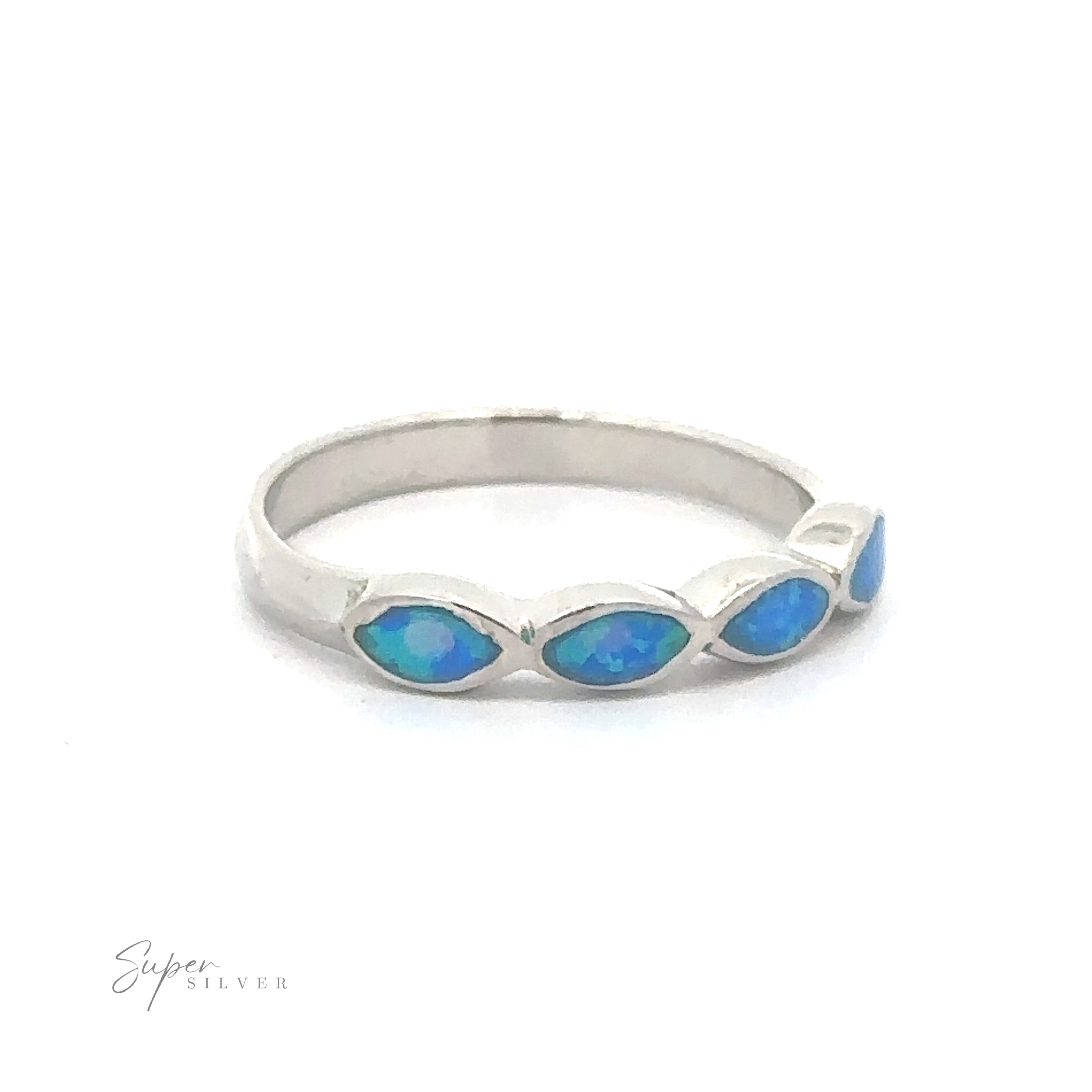 Stackable Blue Opal Ring With Marquise Stones on a white background.
