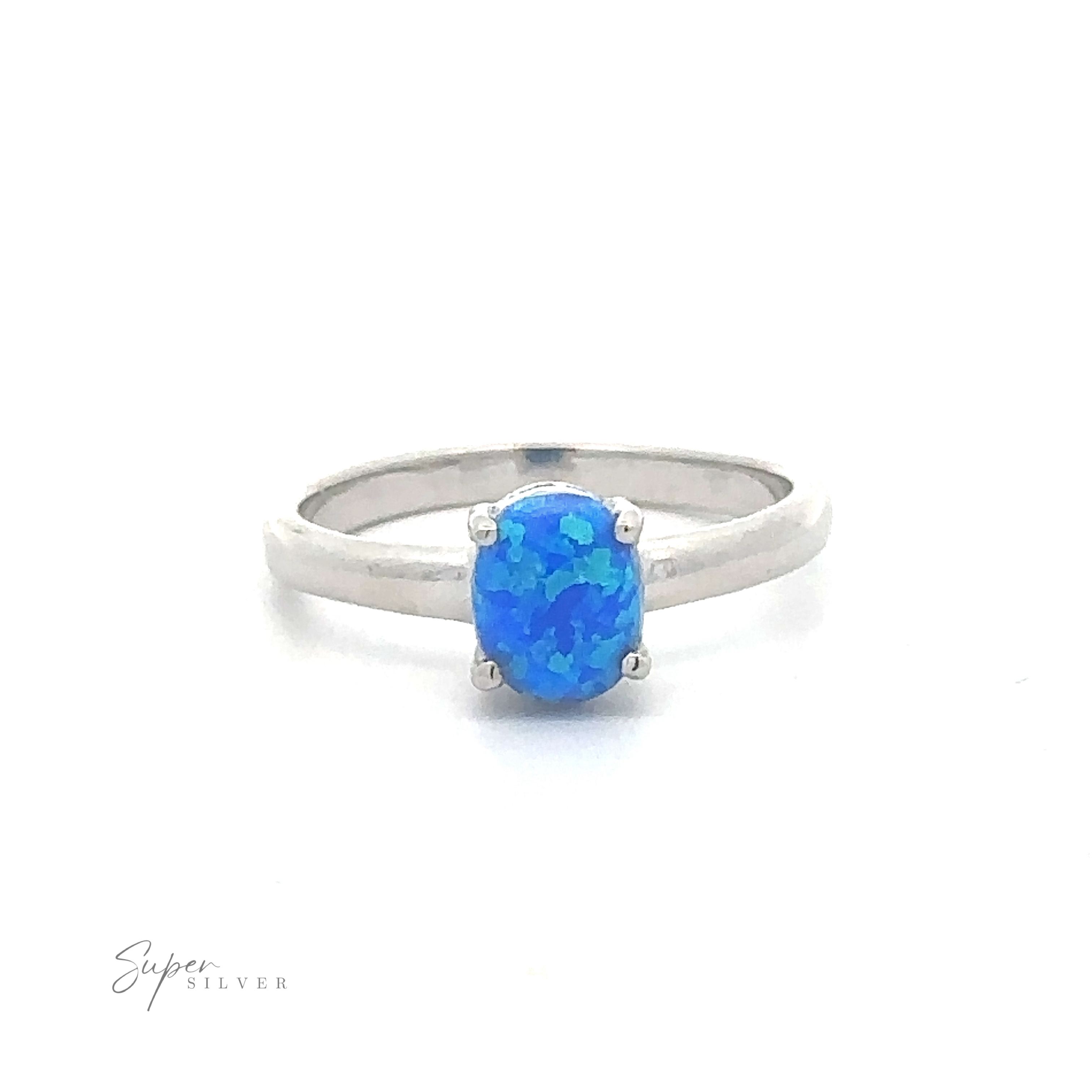 A sterling silver ring with a blue oval lab-created gemstone. -> Simple Pronged Lab Opal Ring